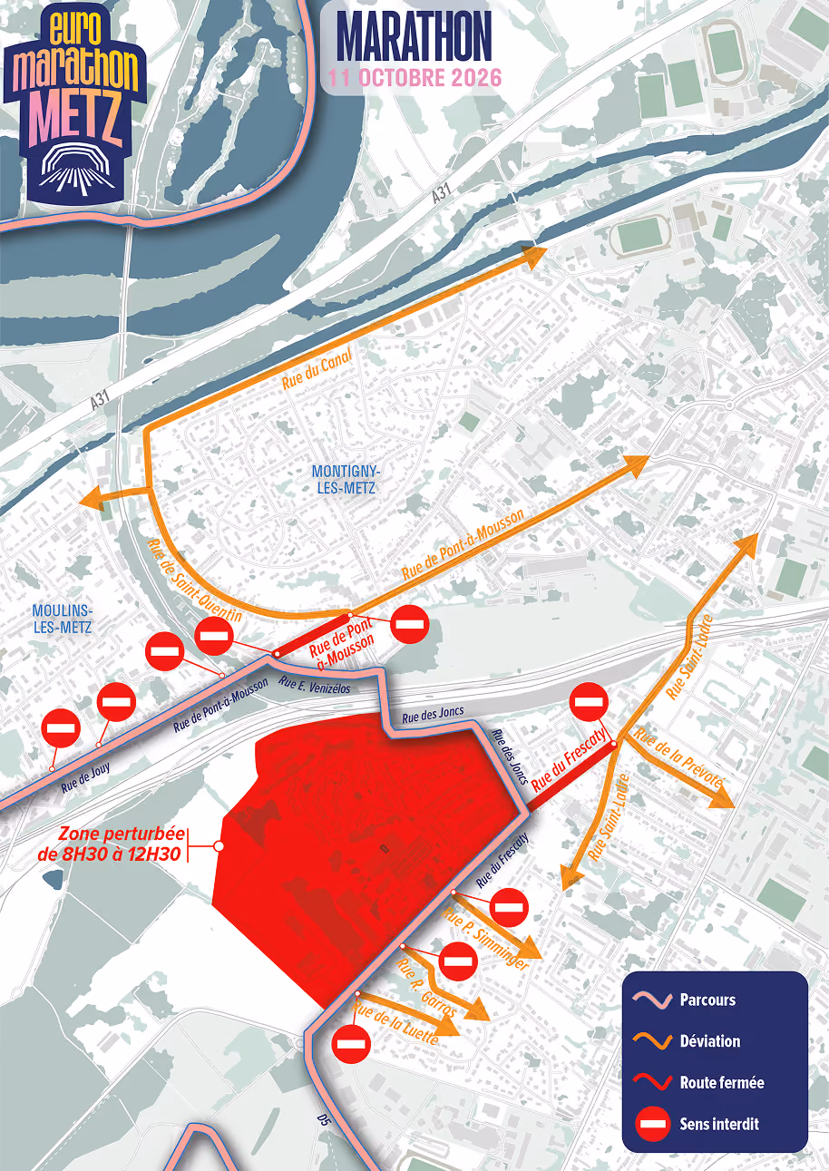 Carte de circulation Marathon Euro Marathon Metz – secteur Montigny-lès-Metz, 11 octobre 2026
