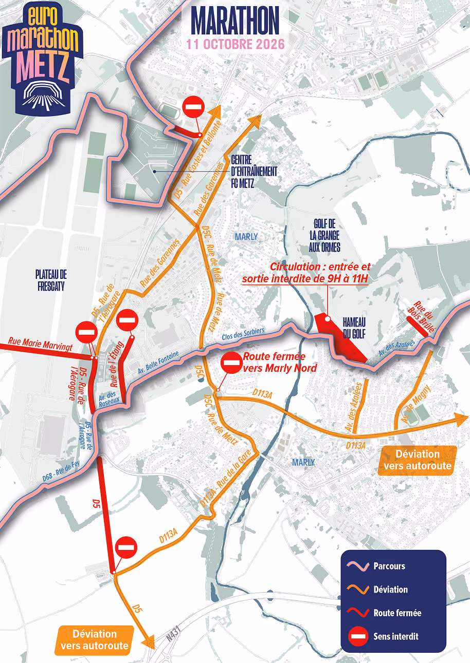 Carte de circulation Marathon Euro Marathon Metz – secteur Marly, 11 octobre 2026