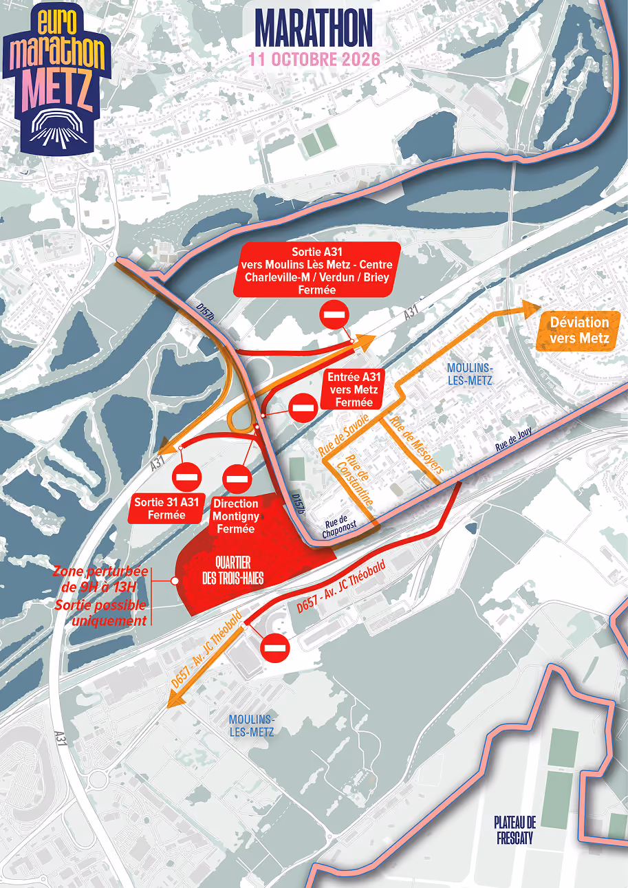 Carte de circulation Marathon Euro Marathon Metz – secteur Moulins-lès-Metz, 11 octobre 2026
