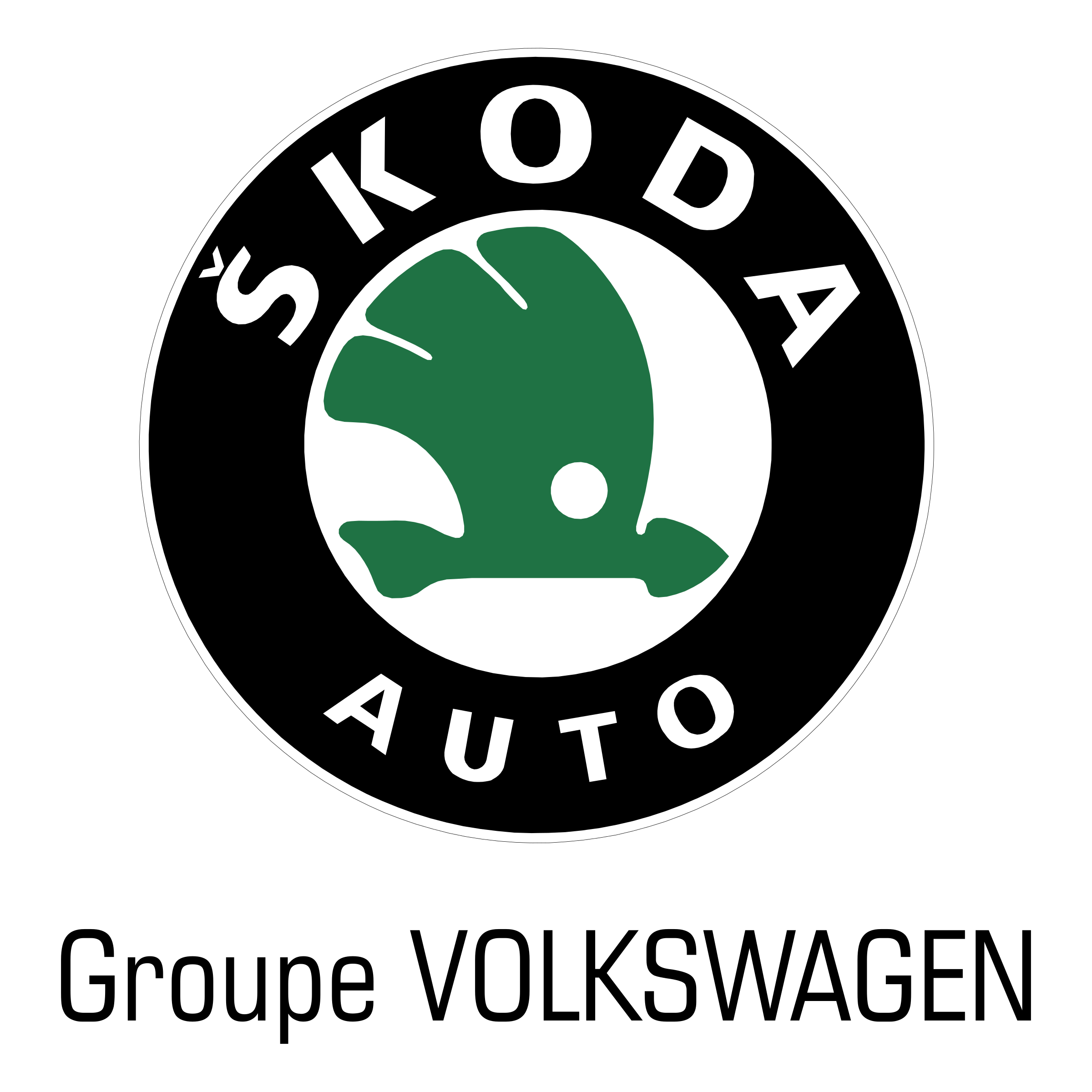 Škoda Auto logo featuring a green winged arrow inside a white circle with black background and the words ŠKODA AUTO around it.