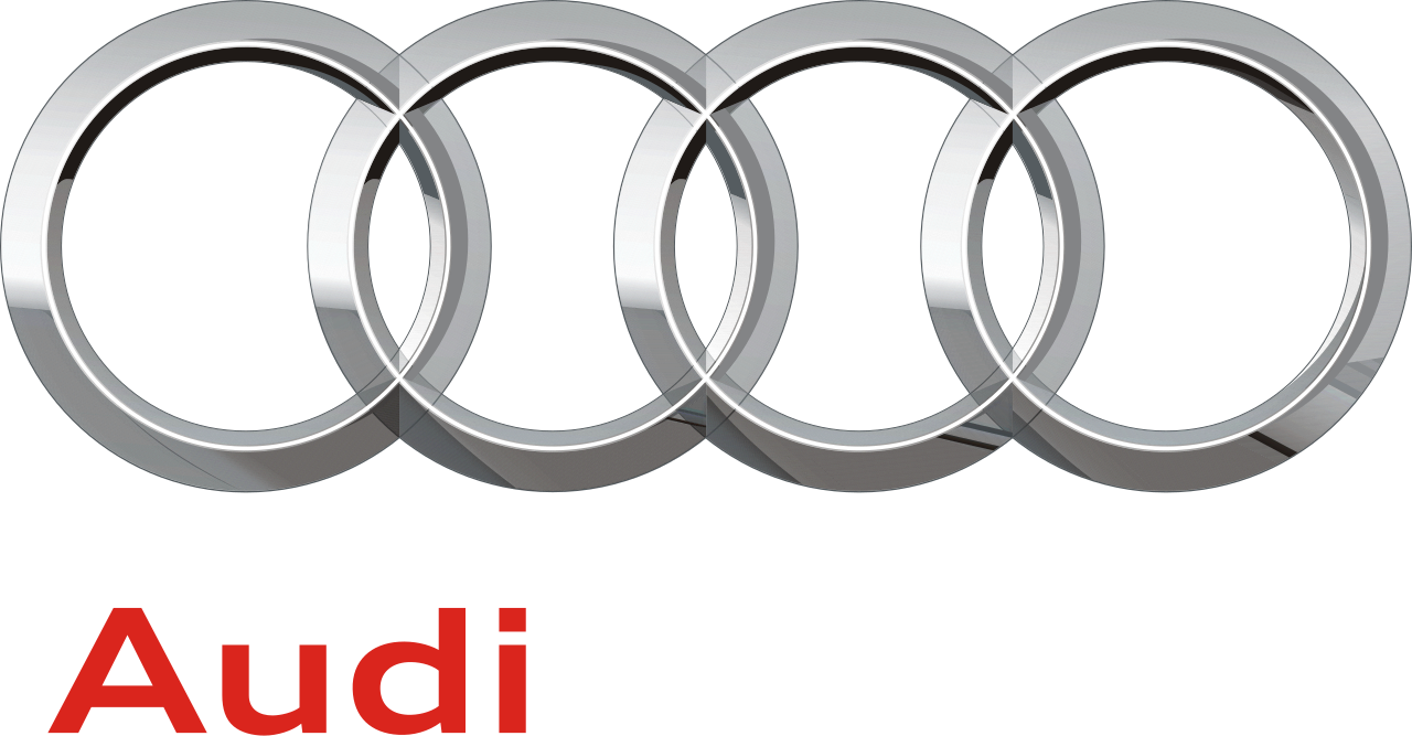 Audi logo with four interlinked silver rings above the red text 'Audi'.