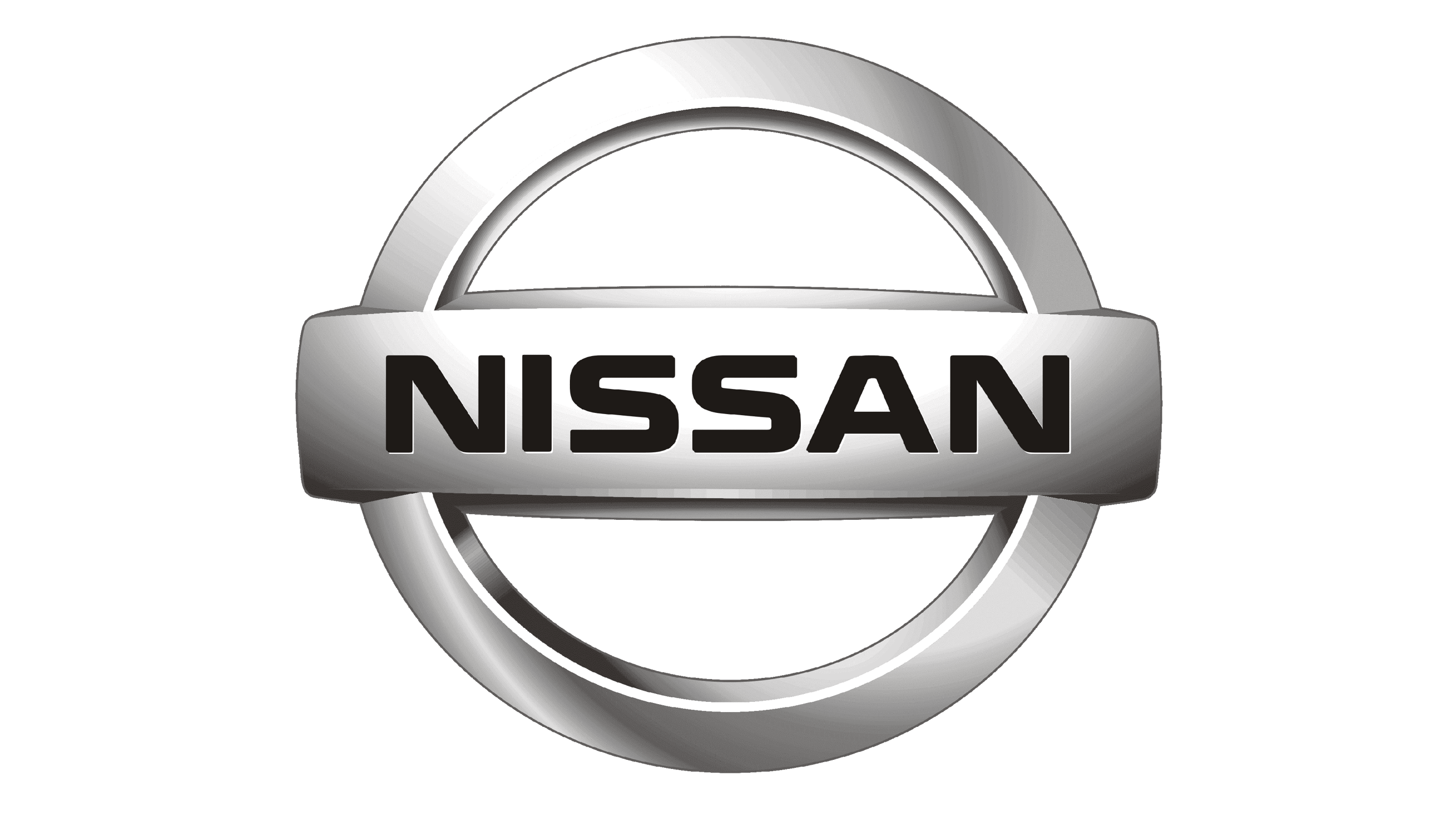Silver Nissan logo with the brand name in bold black letters across a circular emblem.