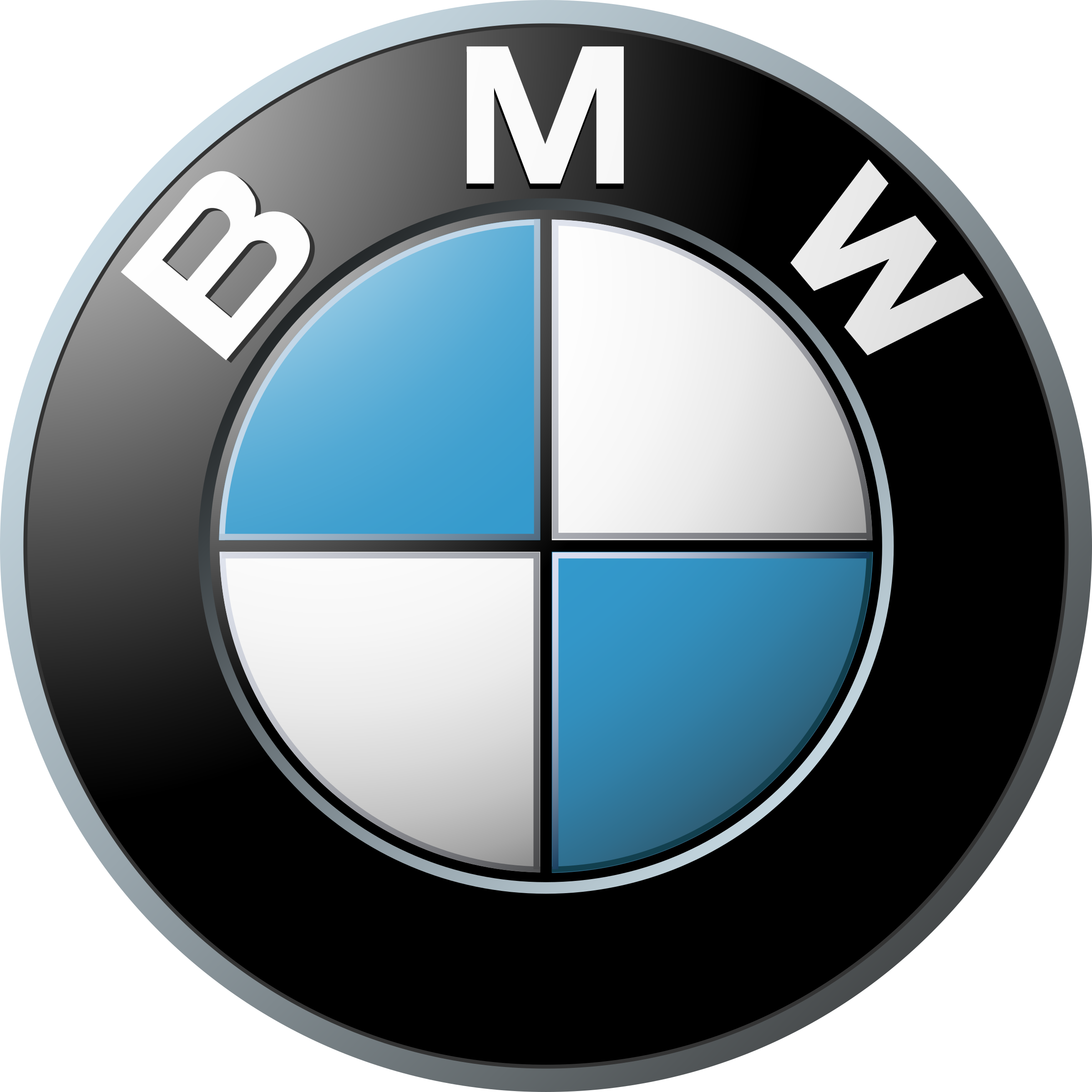 BMW logo with black circular background, blue and white quadrants inside, and white letters B, M, W at the top.