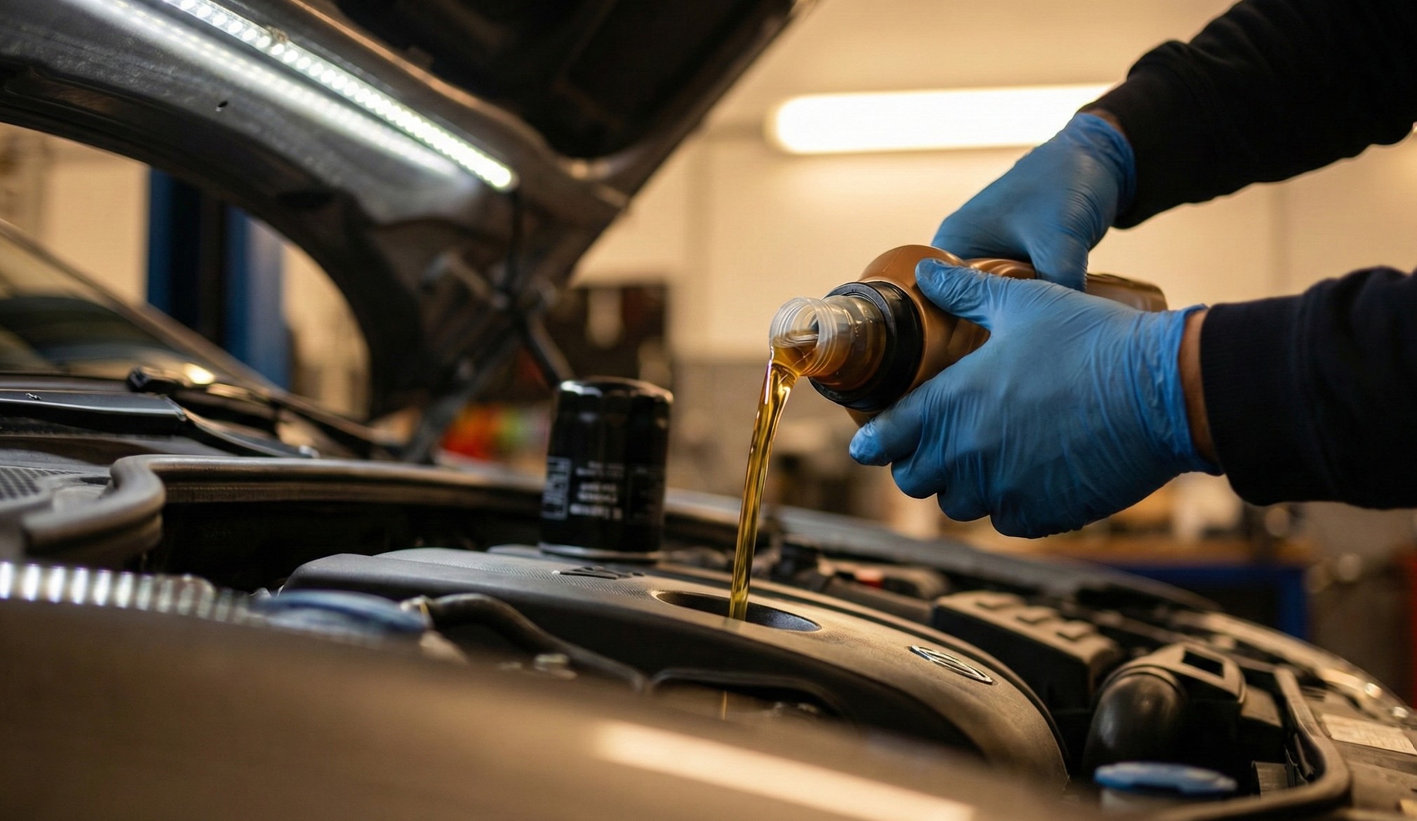 Hands wearing blue gloves pouring motor oil into a car engine under an open hood.