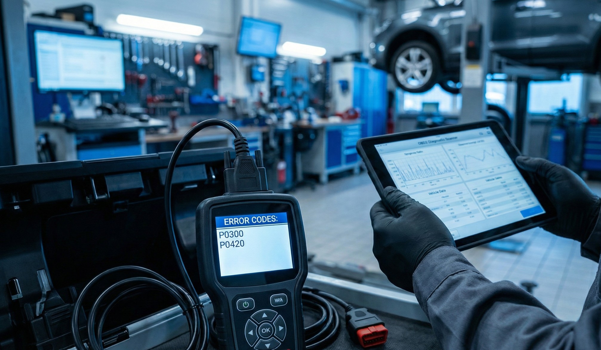 Diagnostic scanner displaying error codes P0300 and P0420 next to a person holding a tablet with vehicle diagnostics in a car repair garage.
