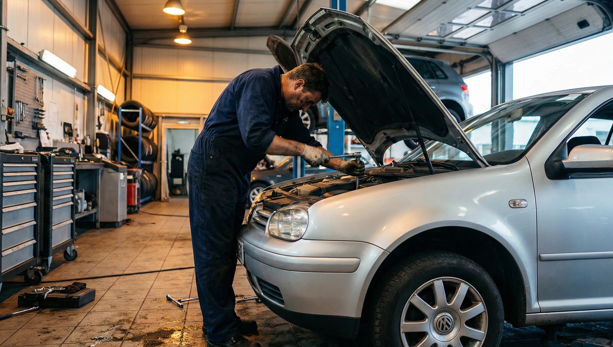 Mechanic in blue coveralls working on engine of silver Volkswagen car with hood open inside a garage.
