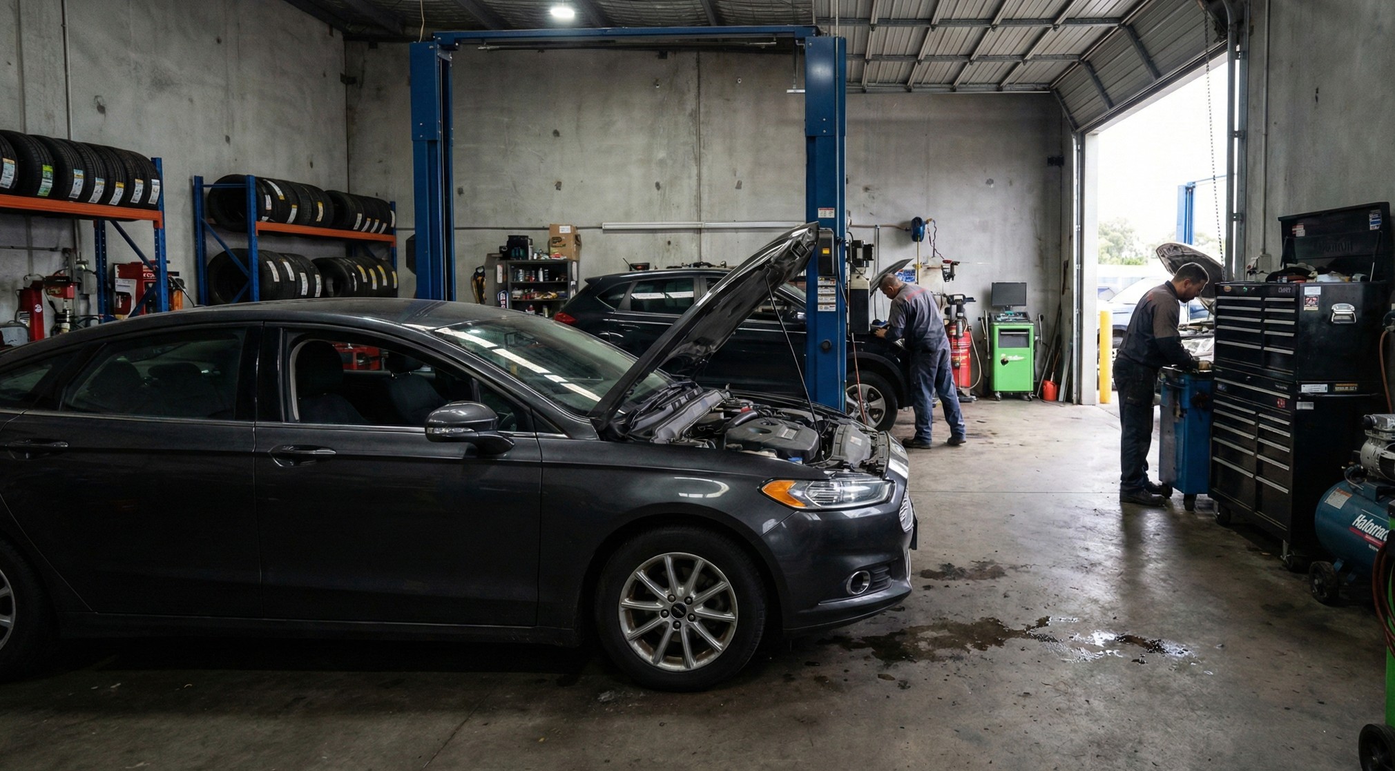 Two mechanics working on cars with raised hoods inside an auto repair shop with tires on racks and tool cabinets.