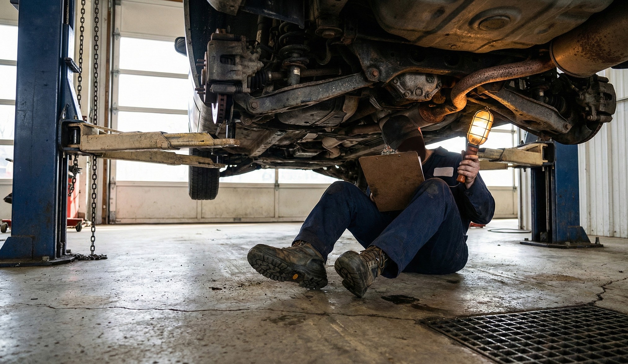Mechanic sitting on the garage floor inspecting the underside of a raised car, holding a clipboard and an illuminated handheld work light.