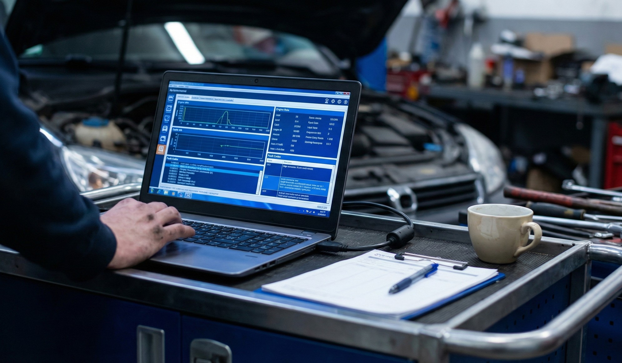 Person using a laptop with diagnostic software on screen beside a clipboard and coffee cup in a car repair shop with a car hood open in the background.
