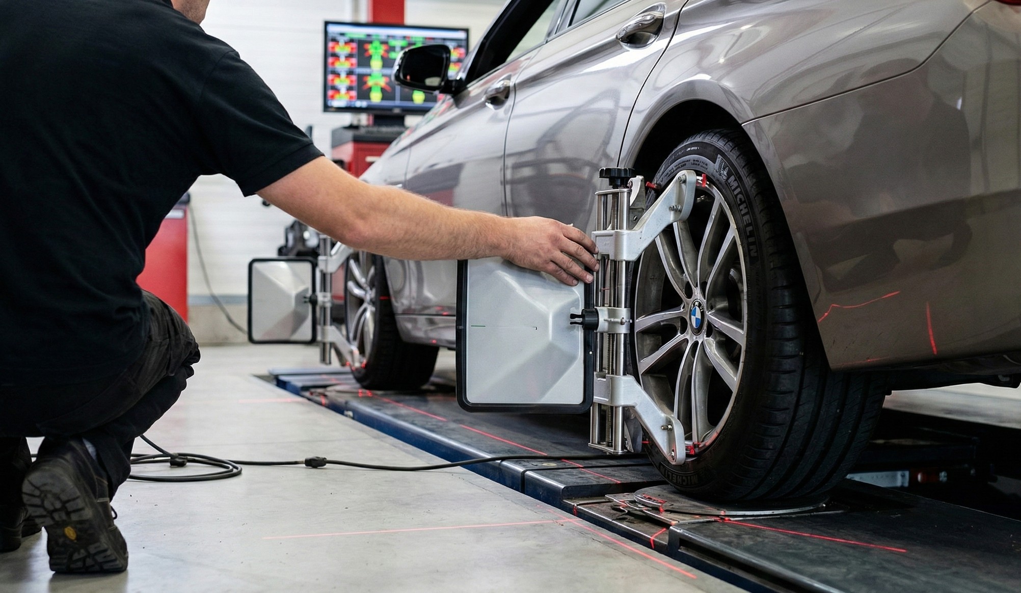 Technician adjusting wheel alignment device on front tire of silver BMW in a garage.