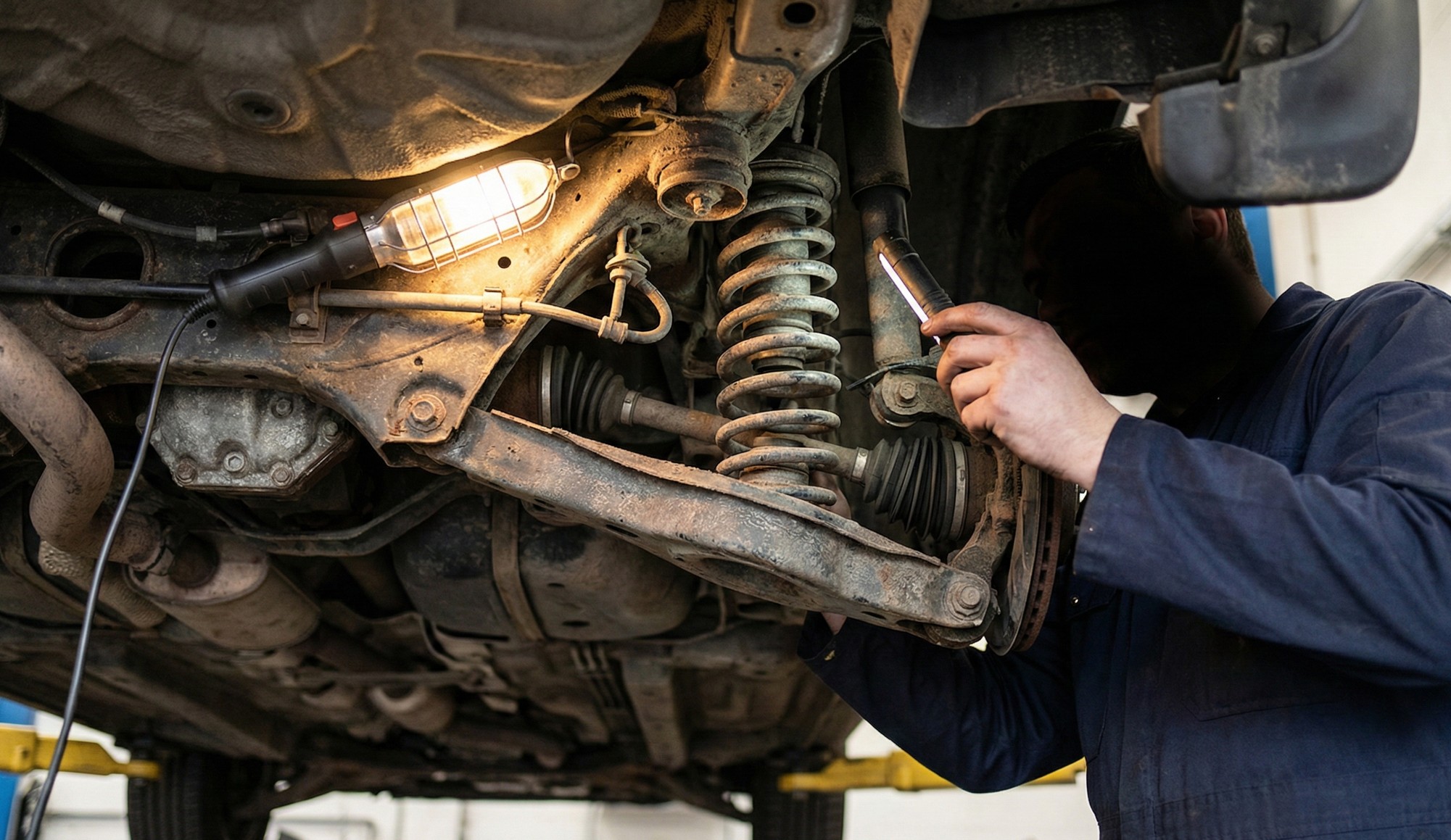 Mechanic inspecting and repairing a vehicle suspension system underneath a raised car using a handheld work light.
