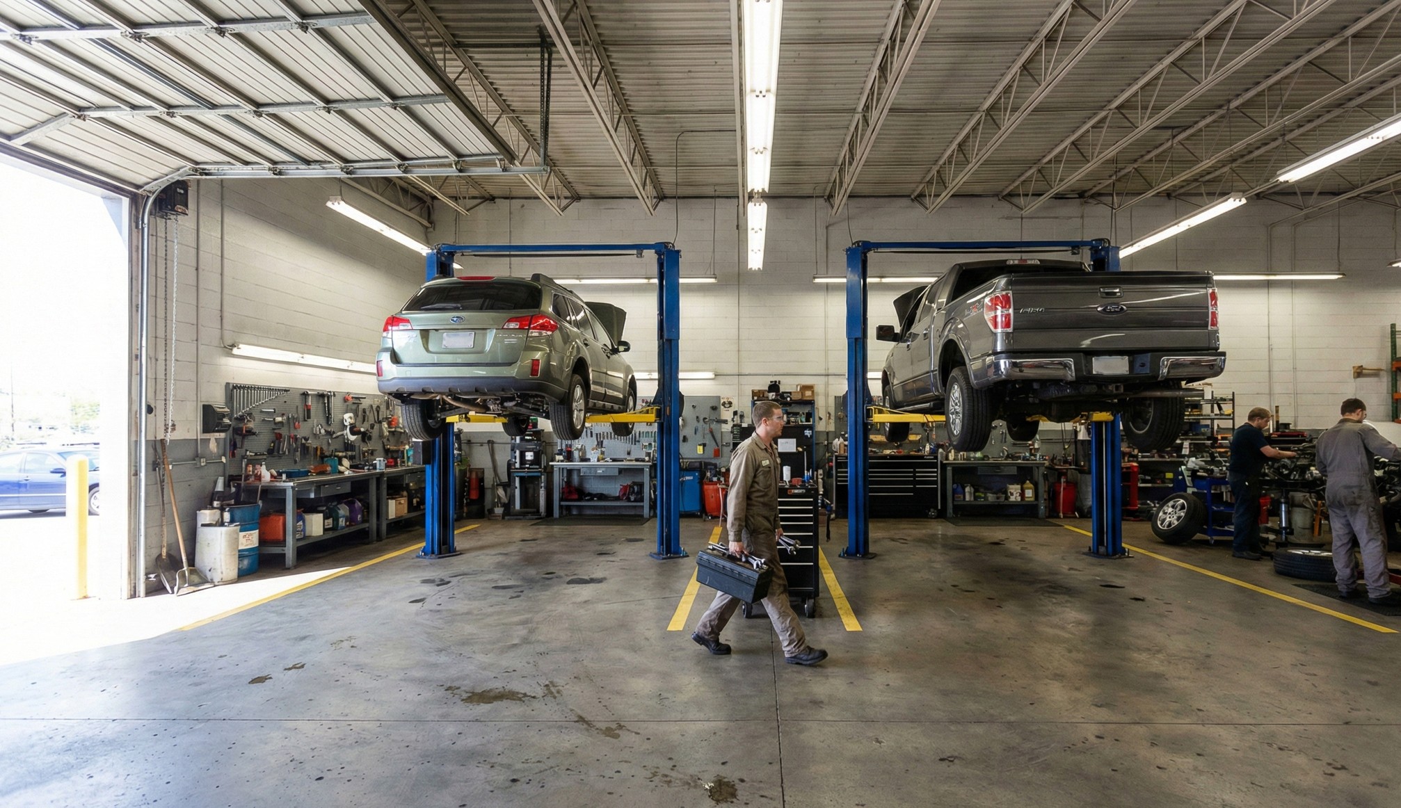 Mechanic carrying a toolbox walking inside a spacious auto repair shop with two cars lifted on blue hydraulic lifts.