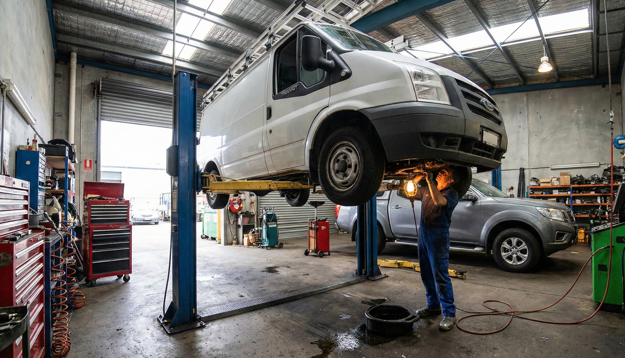 Mechanic inspecting the underside of a white van lifted on a hydraulic car lift inside a spacious garage.