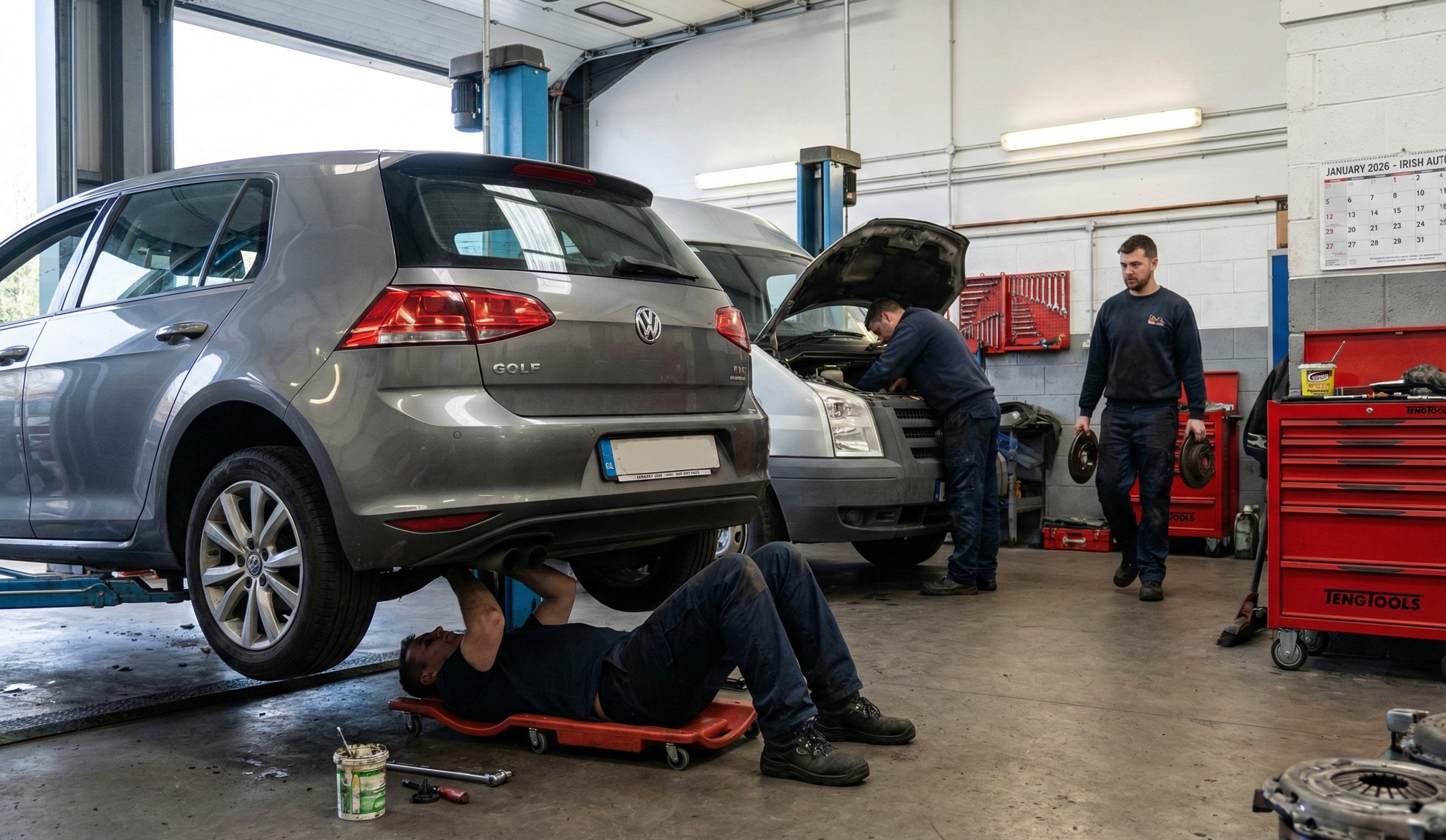 Mechanic lying on a creeper working under a lifted gray Volkswagen Golf in a garage, with two other mechanics working on a white van.