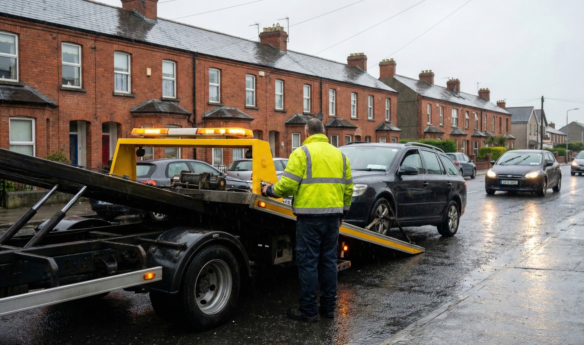 Tow truck operator in a yellow reflective jacket preparing to load a black car on a rainy suburban street with brick houses.