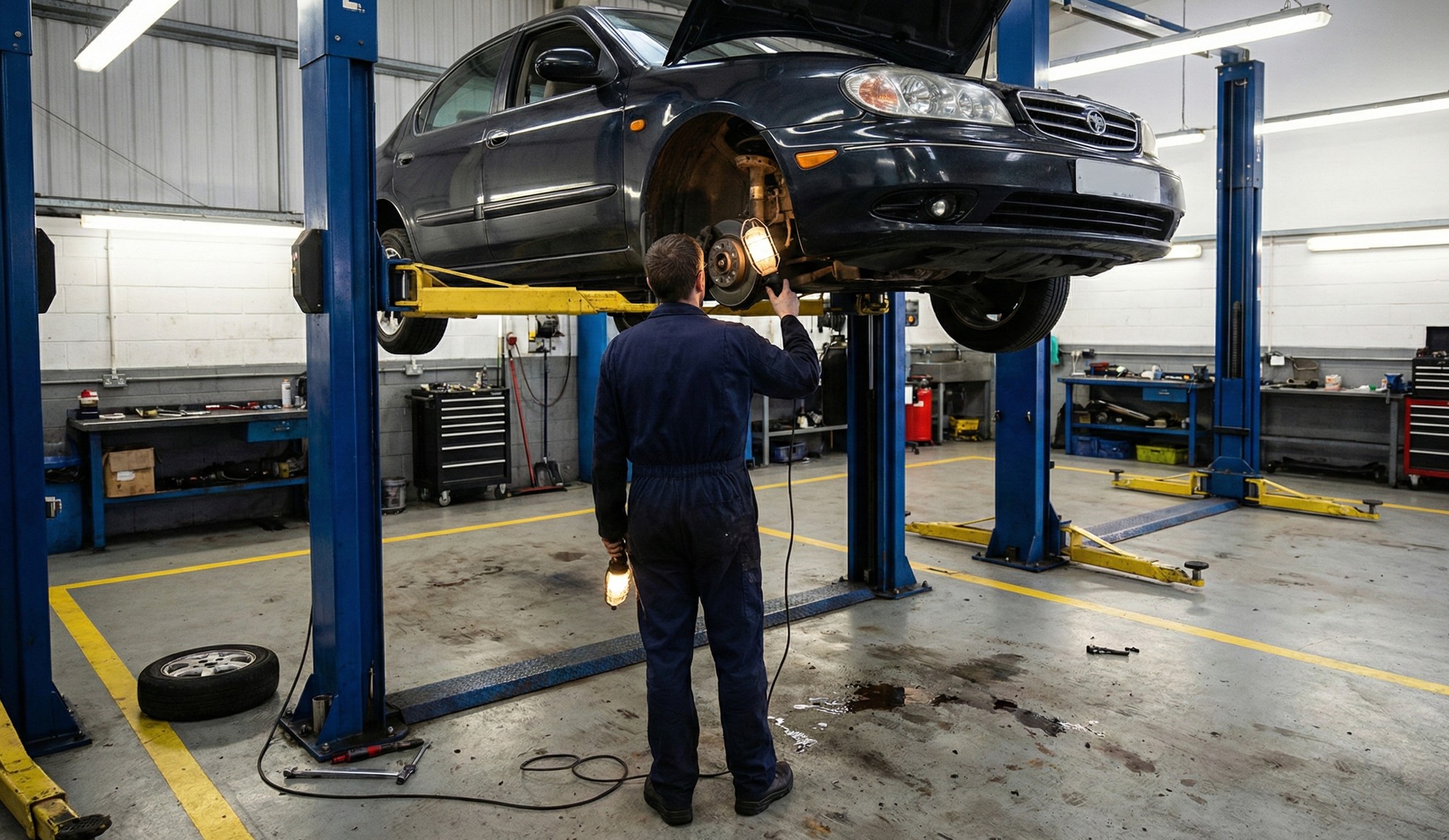 Mechanic in blue coveralls inspecting the underside of a black car lifted on a hydraulic vehicle lift in a garage.