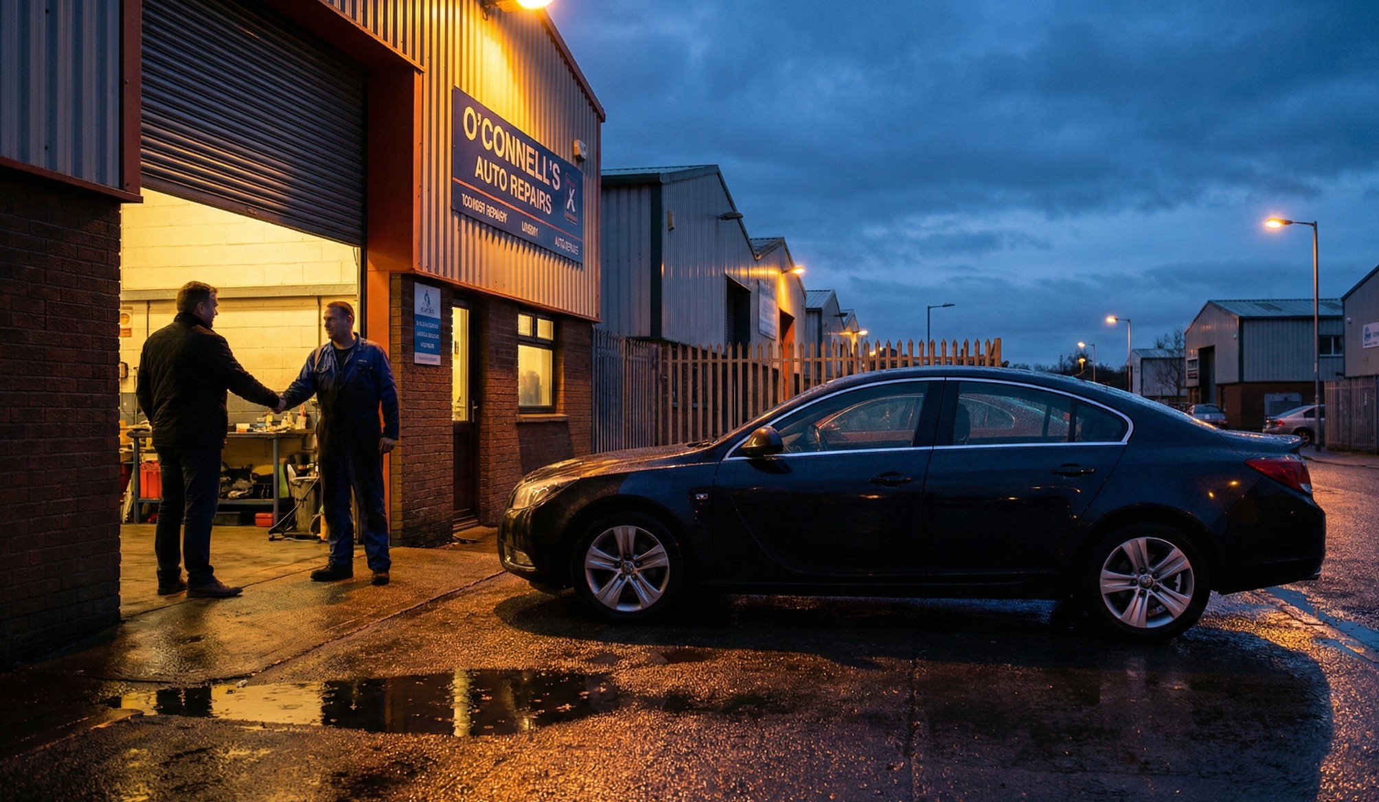 Two men shaking hands outside O'Connell's Auto Repairs garage during dusk with a black car parked nearby.