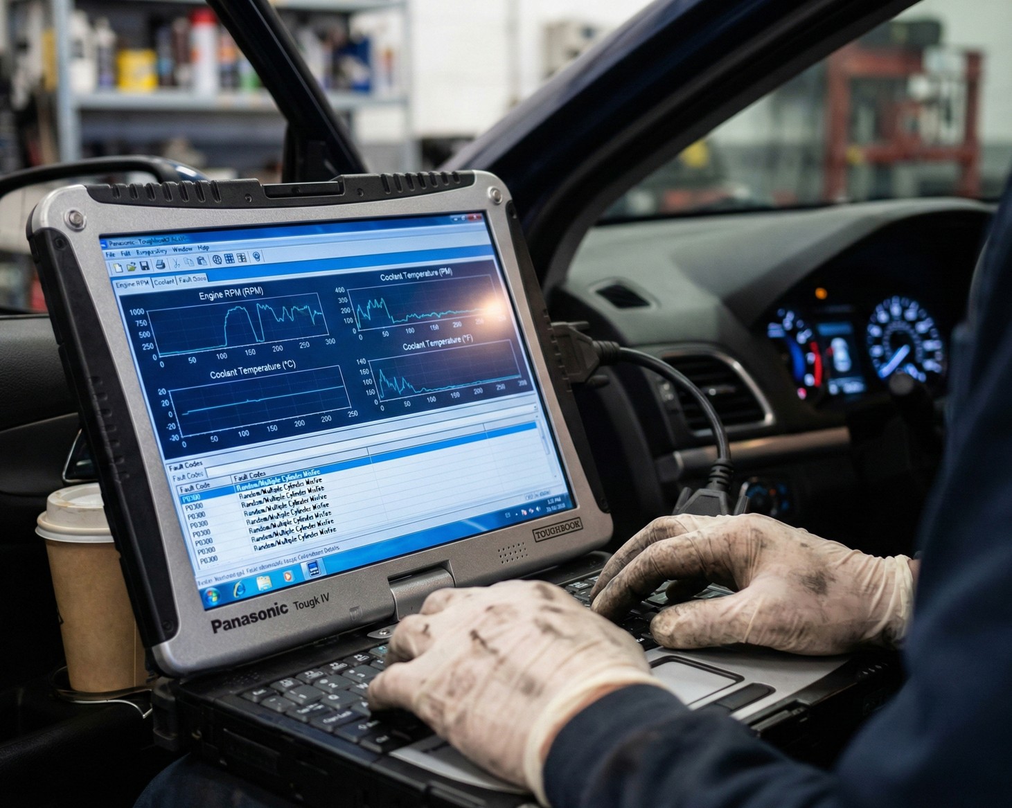 Mechanic wearing dirty gloves using diagnostic software on a Panasonic Toughbook laptop inside a car, showing engine data and fault codes.