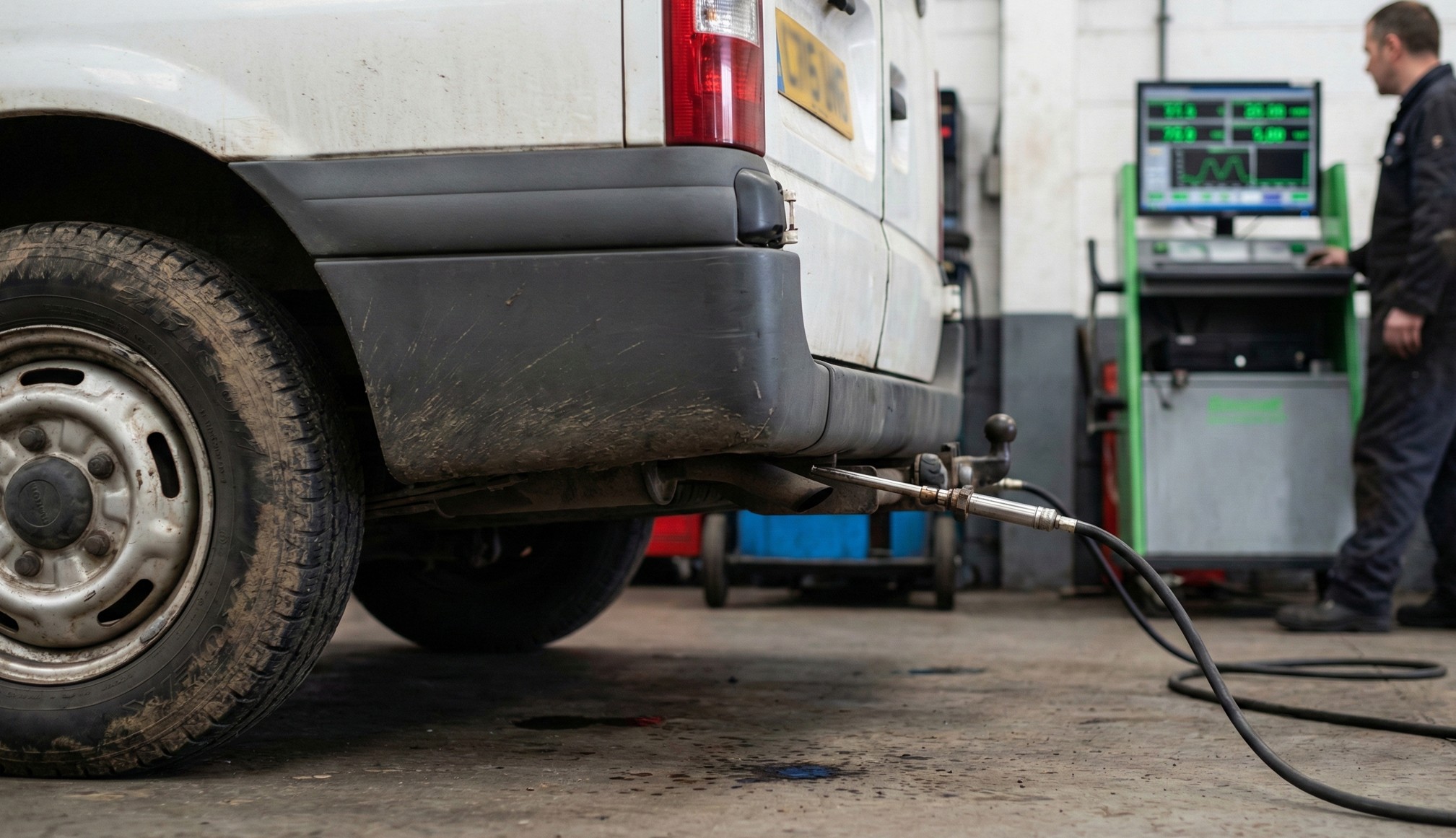 A white van with a hose connected to its exhaust pipe in an automotive workshop, a mechanic is operating diagnostic equipment.
