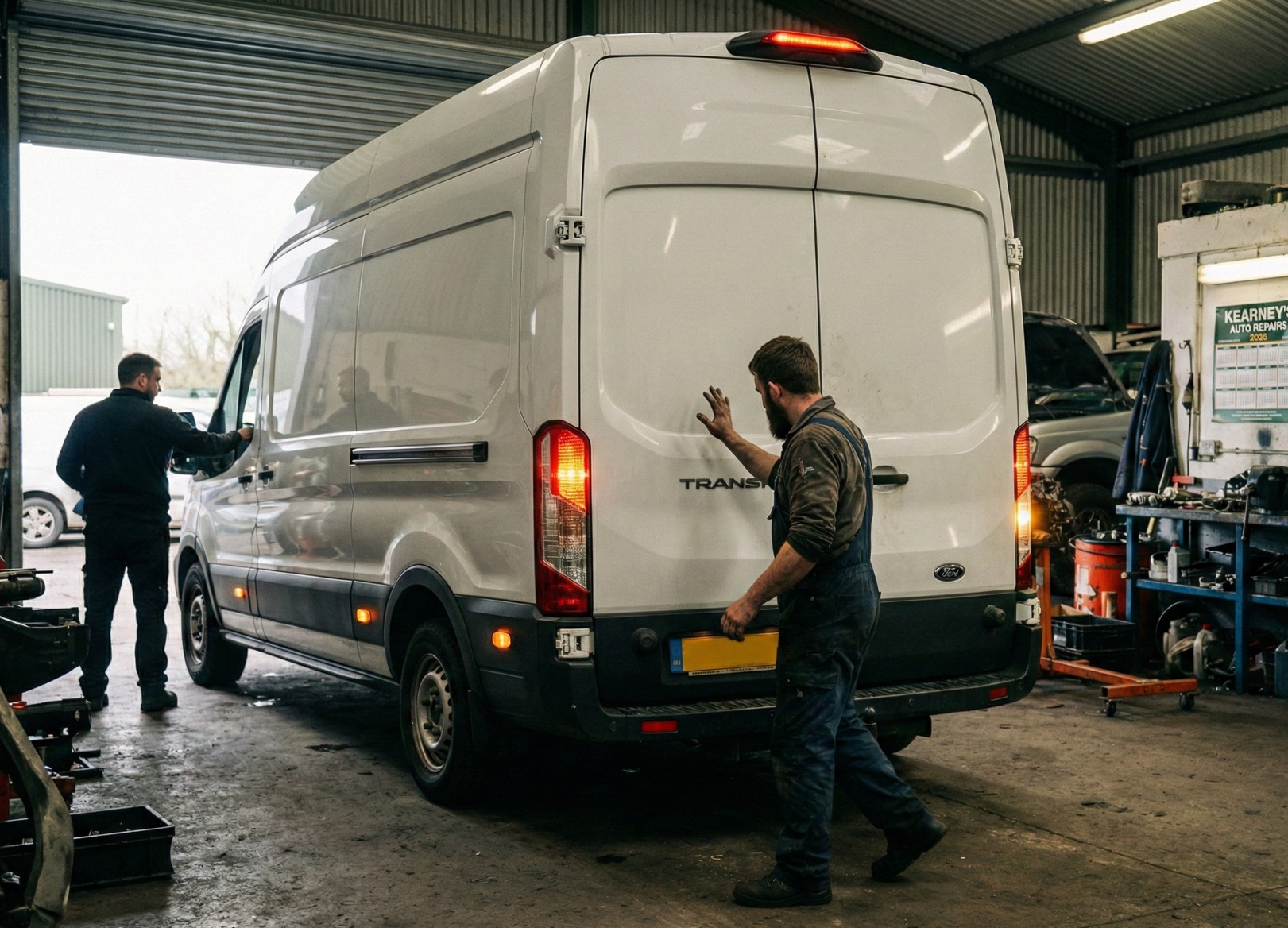 Two mechanics inspecting a white Ford Transit van inside a garage.