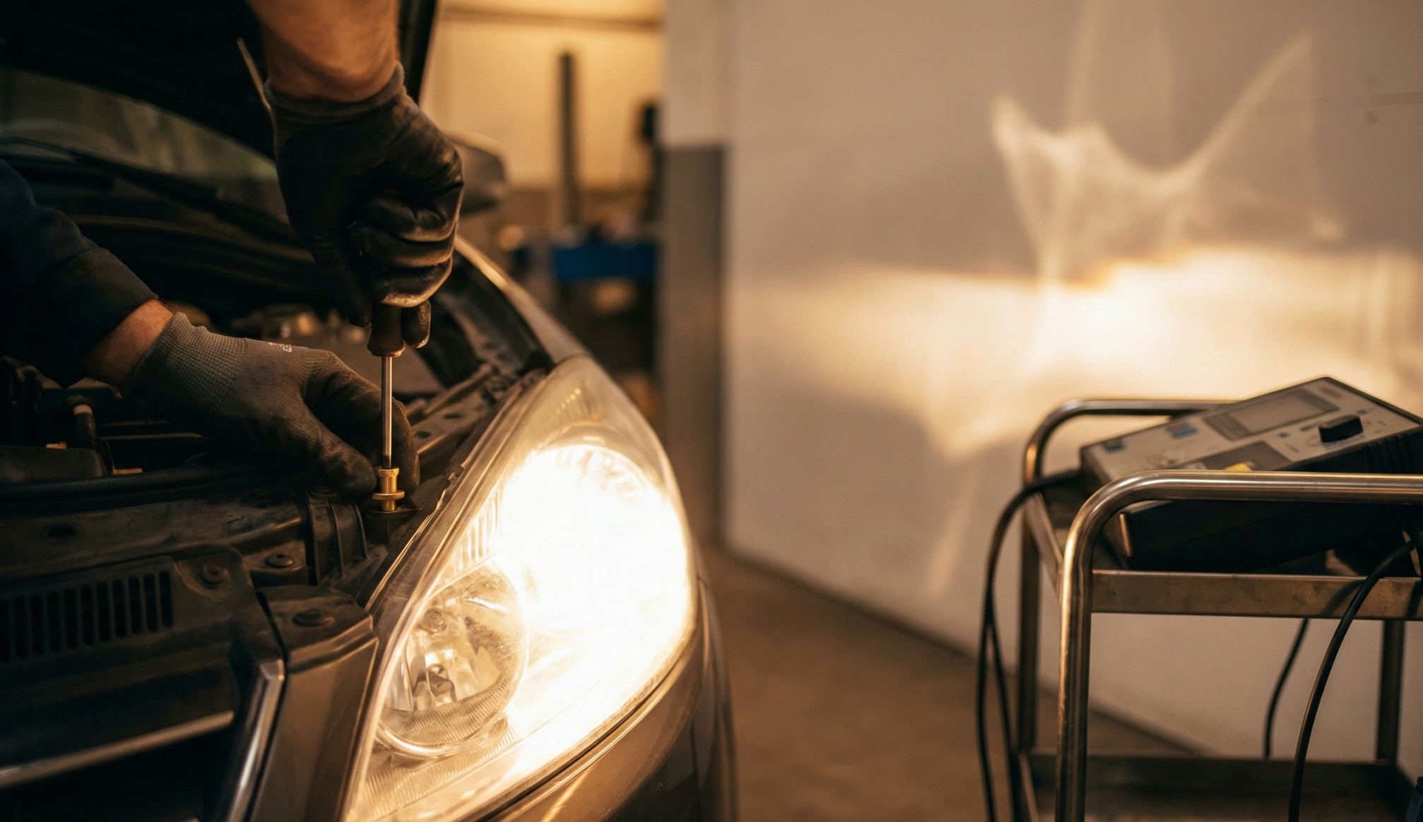 Mechanic wearing gloves using a screwdriver to adjust a car's headlight with diagnostic equipment nearby.
