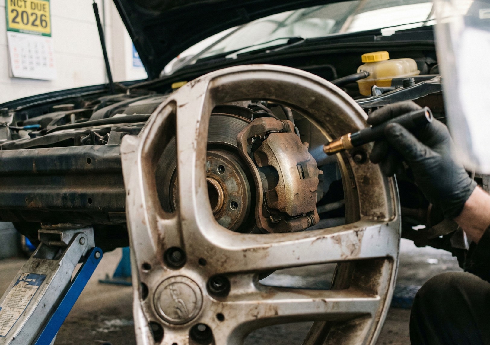 Mechanic using a torch to work on a car's exposed brake system with a removed wheel.