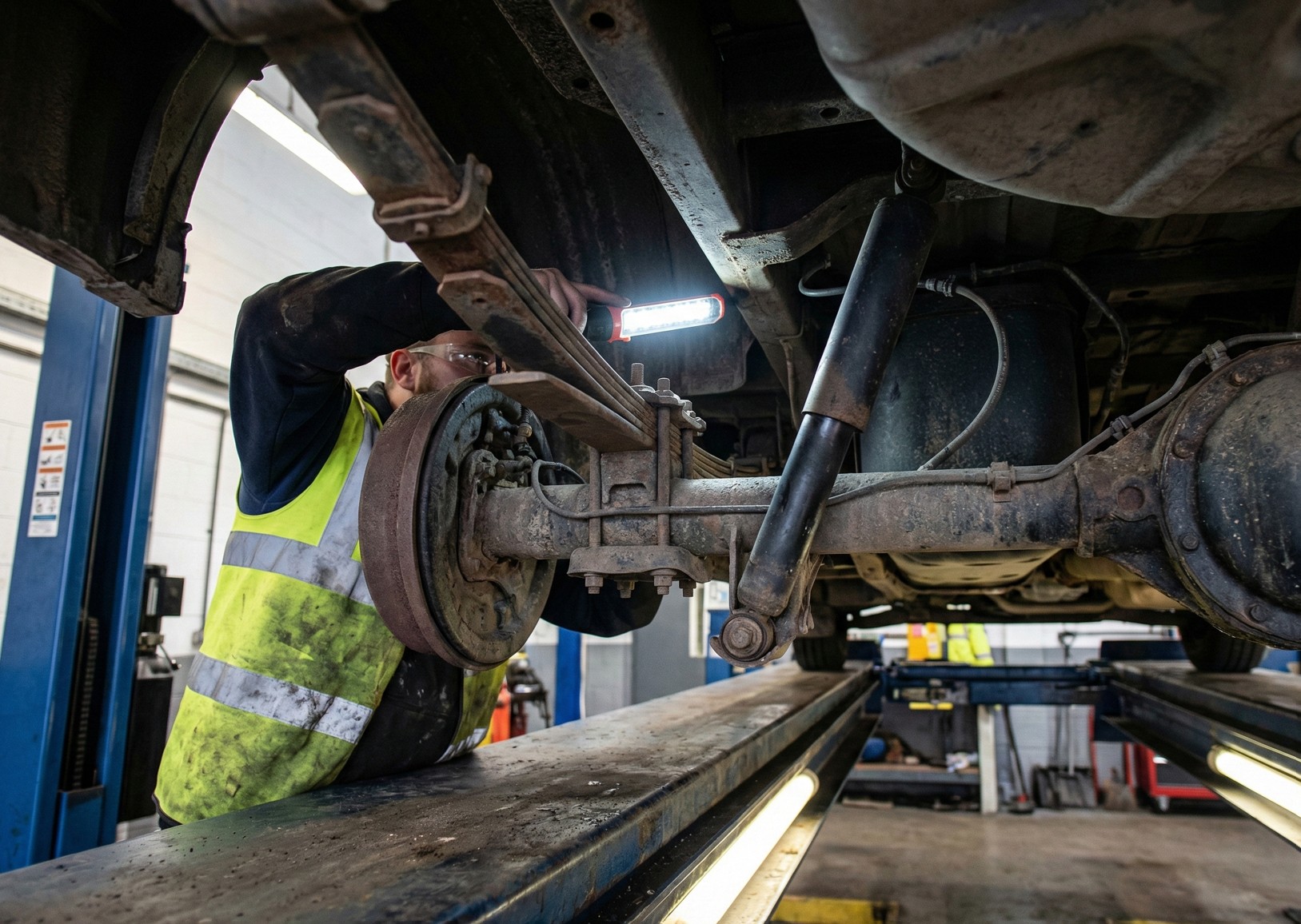 Mechanic in a dirty yellow safety vest inspecting the undercarriage of a vehicle using a handheld work light.