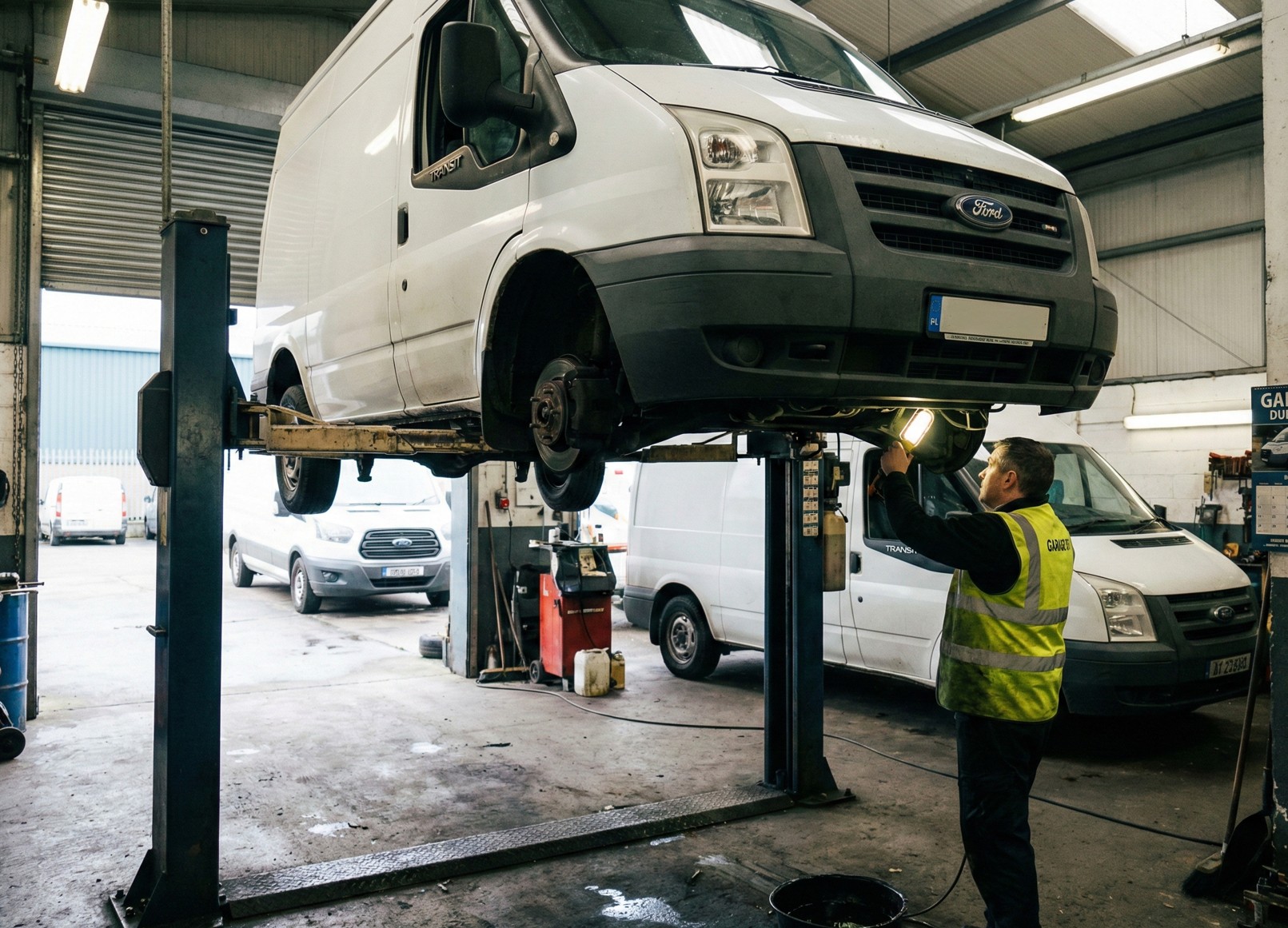 Mechanic in a high-visibility vest inspecting the underside of a white Ford van lifted on a hydraulic car lift in a garage.