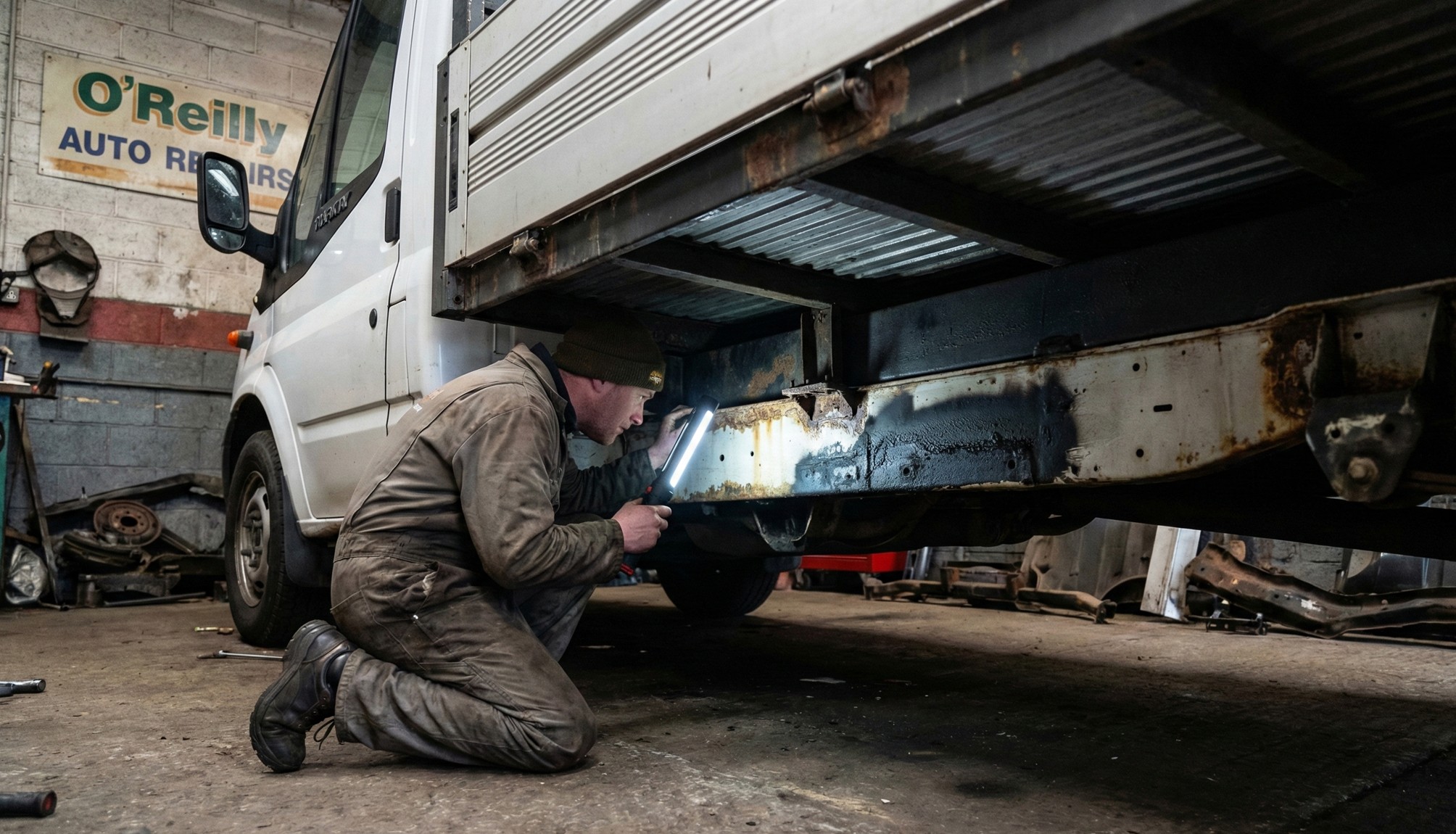 Mechanic in a brown coverall and knit hat inspecting the underside of a white vehicle using a handheld light in an auto repair garage.
