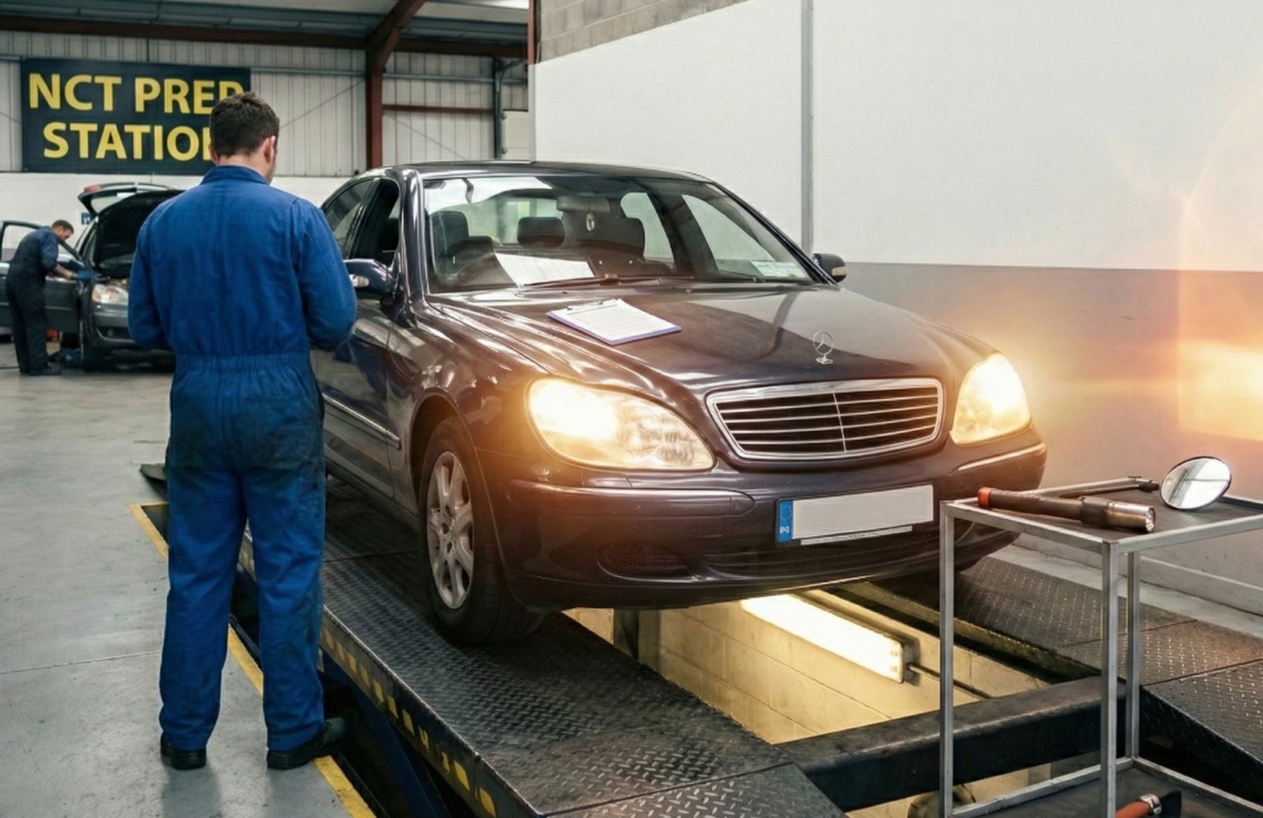 Mechanic in blue coveralls inspecting a black Mercedes car with headlights on at an NCT prep station in a garage.