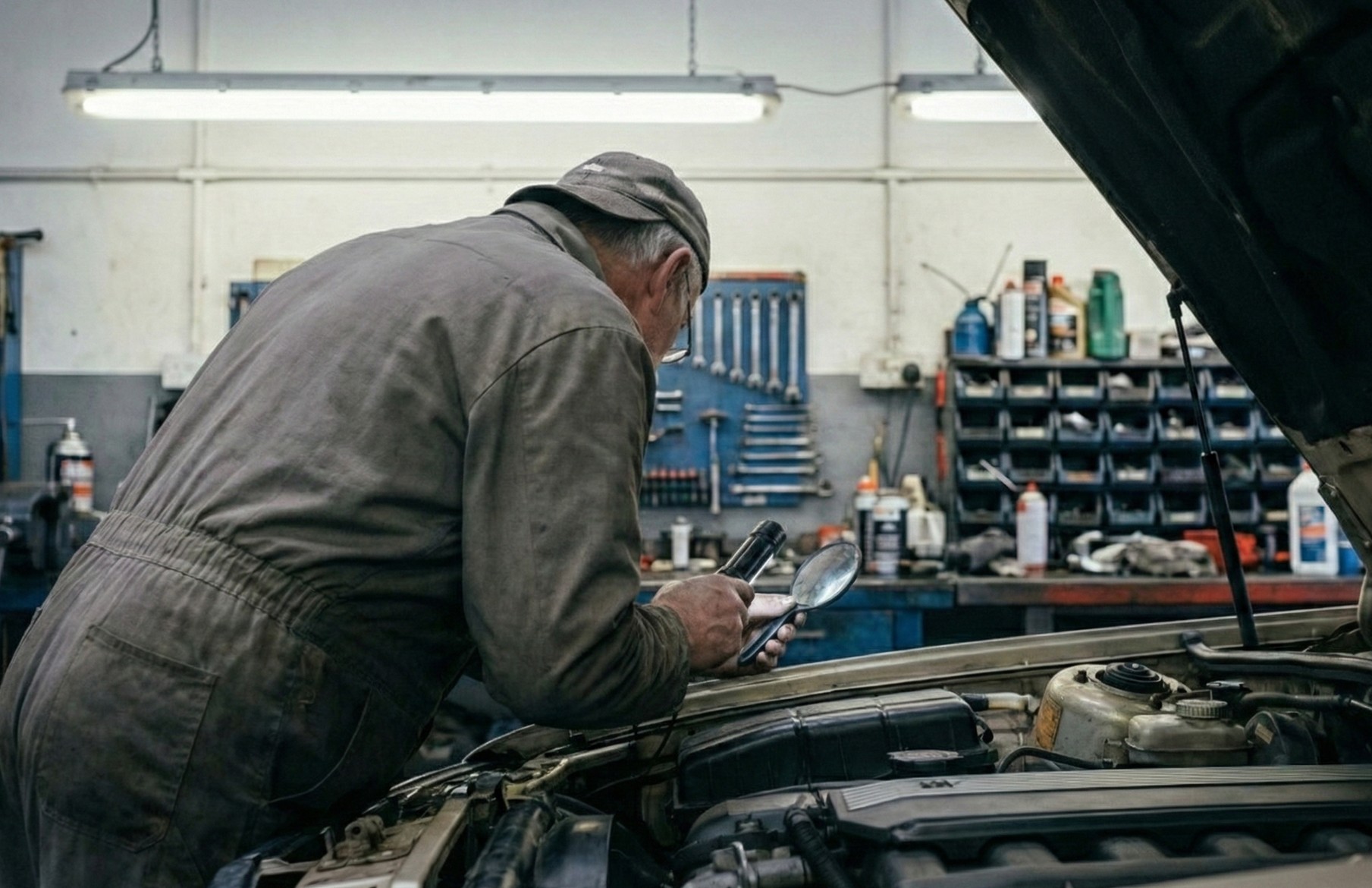 Mechanic in a workshop inspecting a car engine under the open hood using a flashlight and magnifying glass.