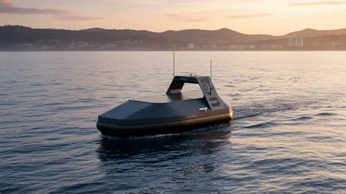 Autonomous black vessel gliding on calm sea at sunset with distant hills in the background.