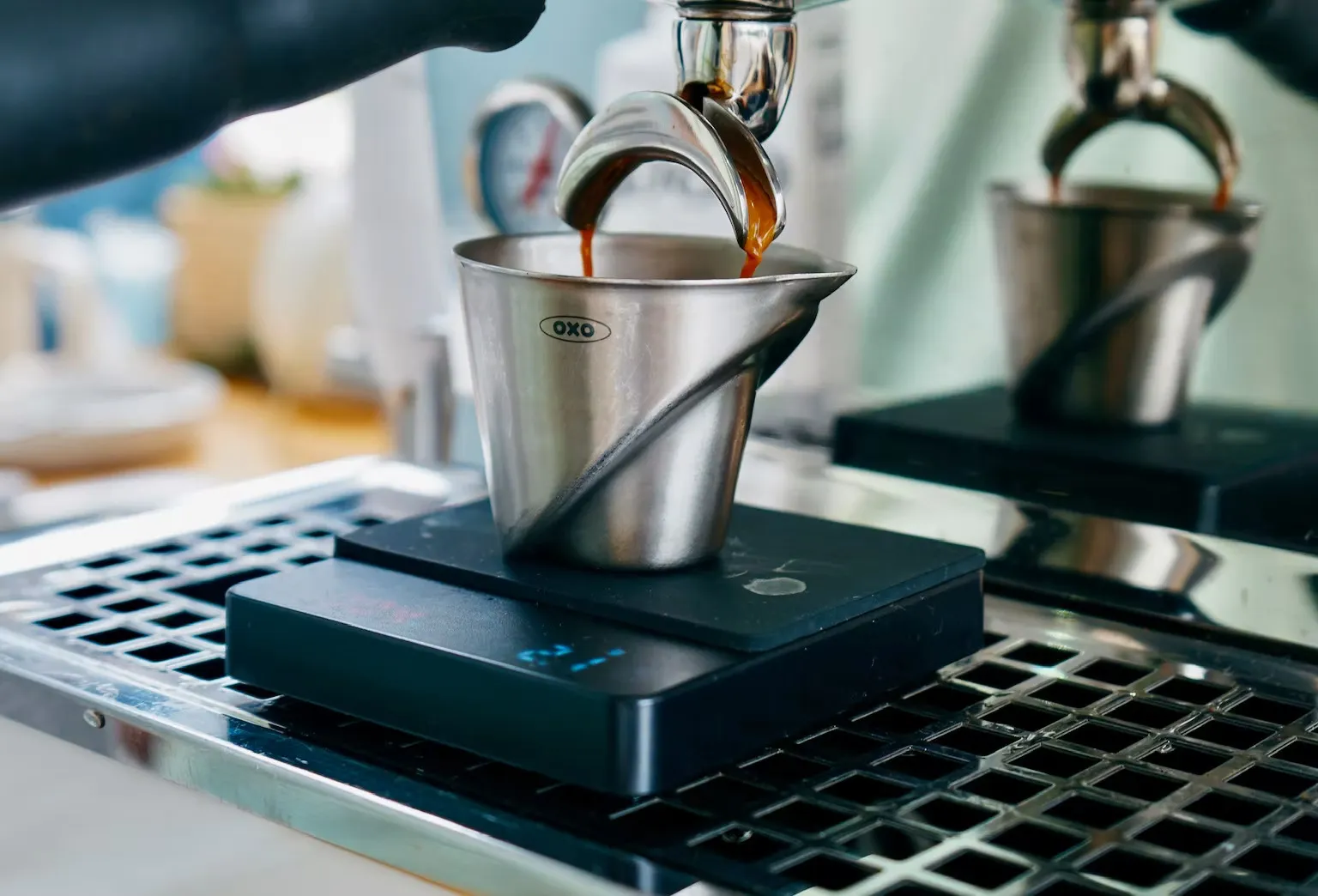 An espresso shot being pulled on the Sage's Playground cart
