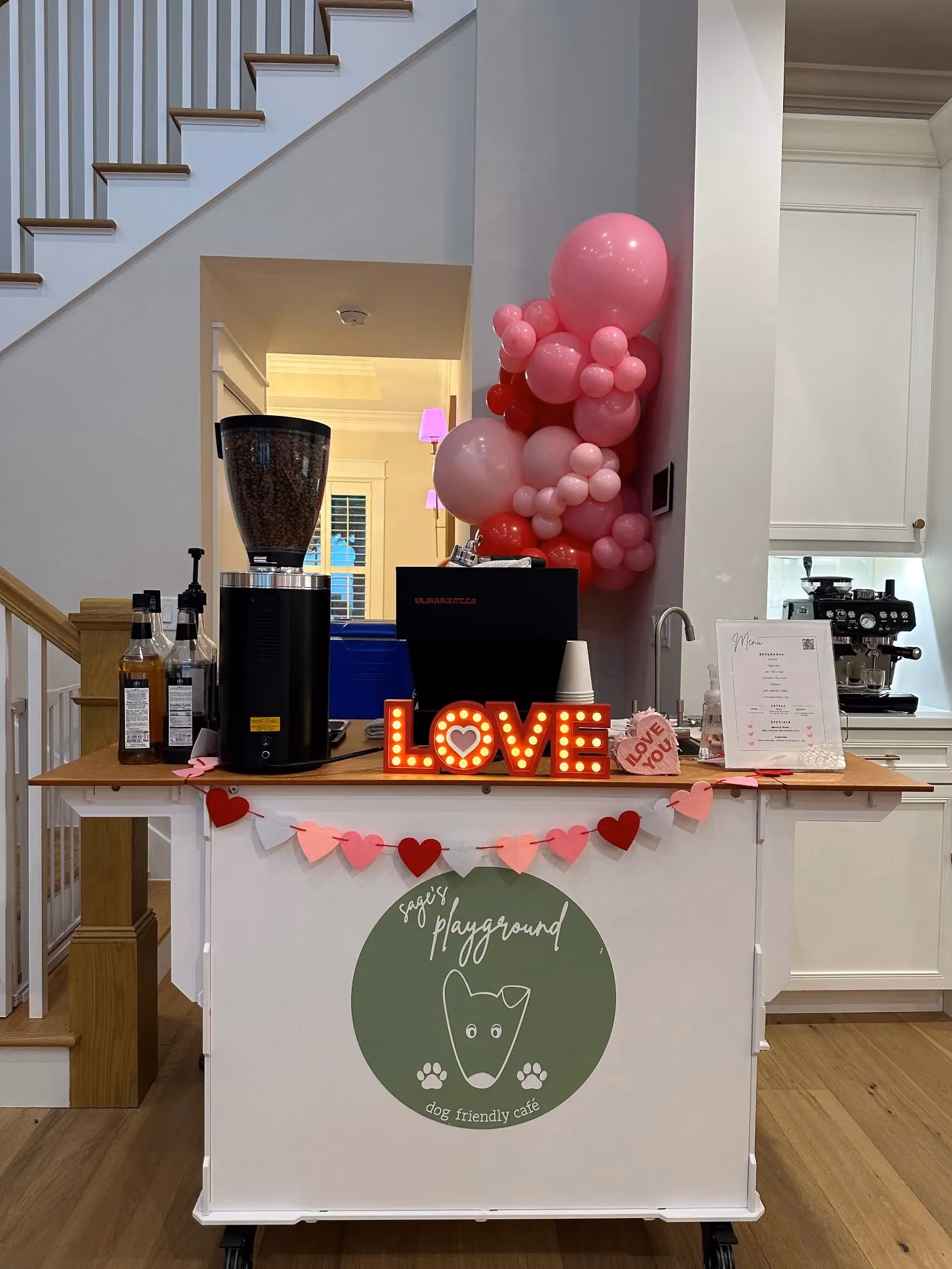 Sage's Playground coffee cart decorated for a Valentine's Day event in Tampa Bay