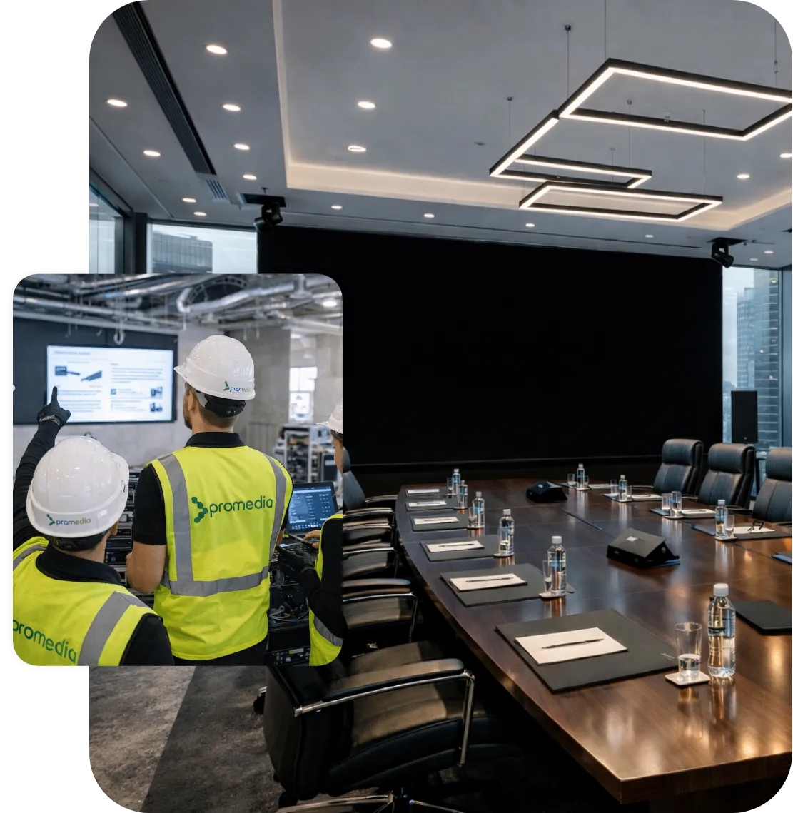 Promedia Konferenzraum-Komplettlösung mit professioneller AV-Installation – fertig eingerichteter Meetingraum, geplant und montiert vom Promedia-Technikteam aus Hockenheim.