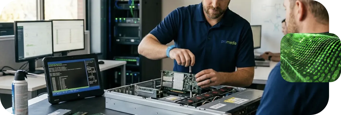 Promedia-Techniker bei der Konfiguration und Inbetriebnahme von AV-Netzwerk- und Servertechnik – professionelle Systemintegration für zuverlässige Konferenzraum- und Medientechnik-Infrastruktur.