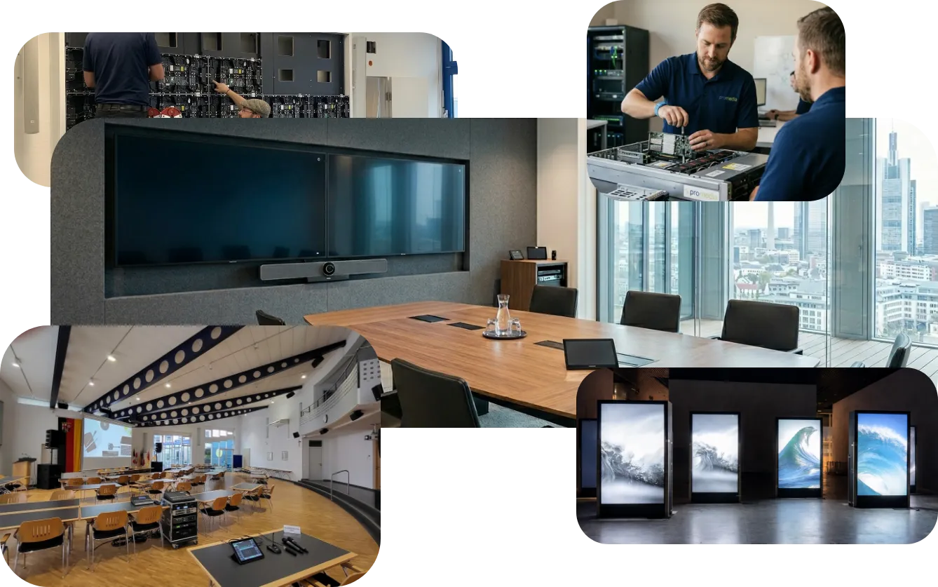 Promedia AV-Referenzen im Überblick – Videokonferenztechnik, LED-Videowände, Medientechnik und Digital Signage für Konferenzräume, Veranstaltungssäle und Unternehmen im DACH-Raum.