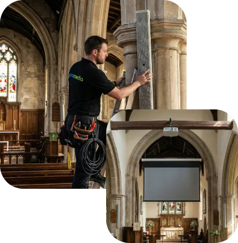 Promedia-Techniker montiert Säulenlautsprecher in Kirche – diskrete AV-Installation für sprachverständliche Kirchenbeschallung nach STIPA-Norm in denkmalgeschützten Gebäuden.
