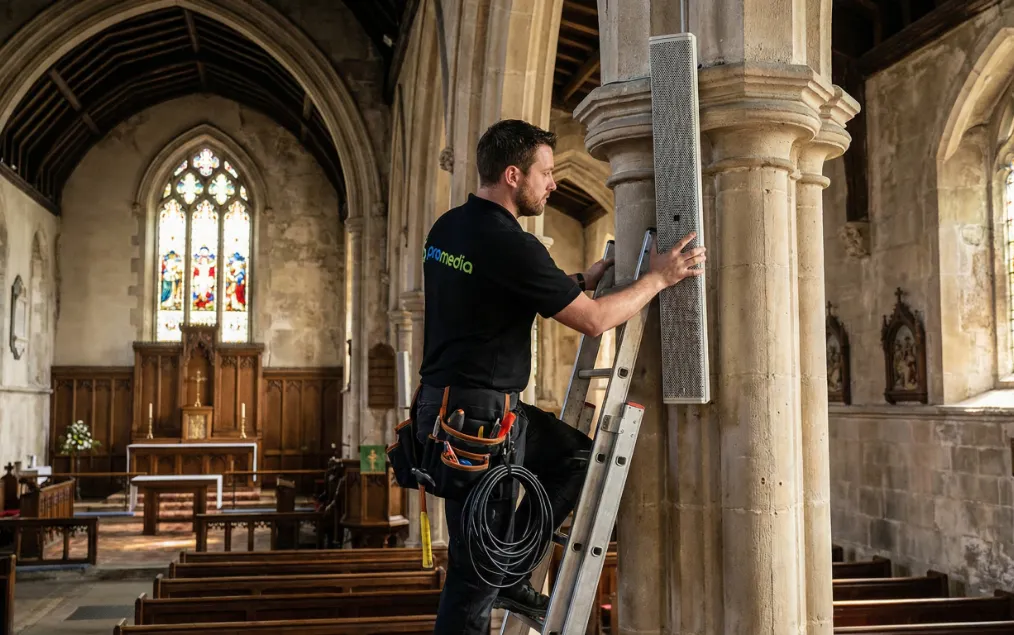 Promedia-Techniker bei der diskreten Lautsprecher-Montage an Steinpfeiler in denkmalgeschützter Kirche – fachgerechte Kirchenbeschallung ohne Eingriff in die Bausubstanz.