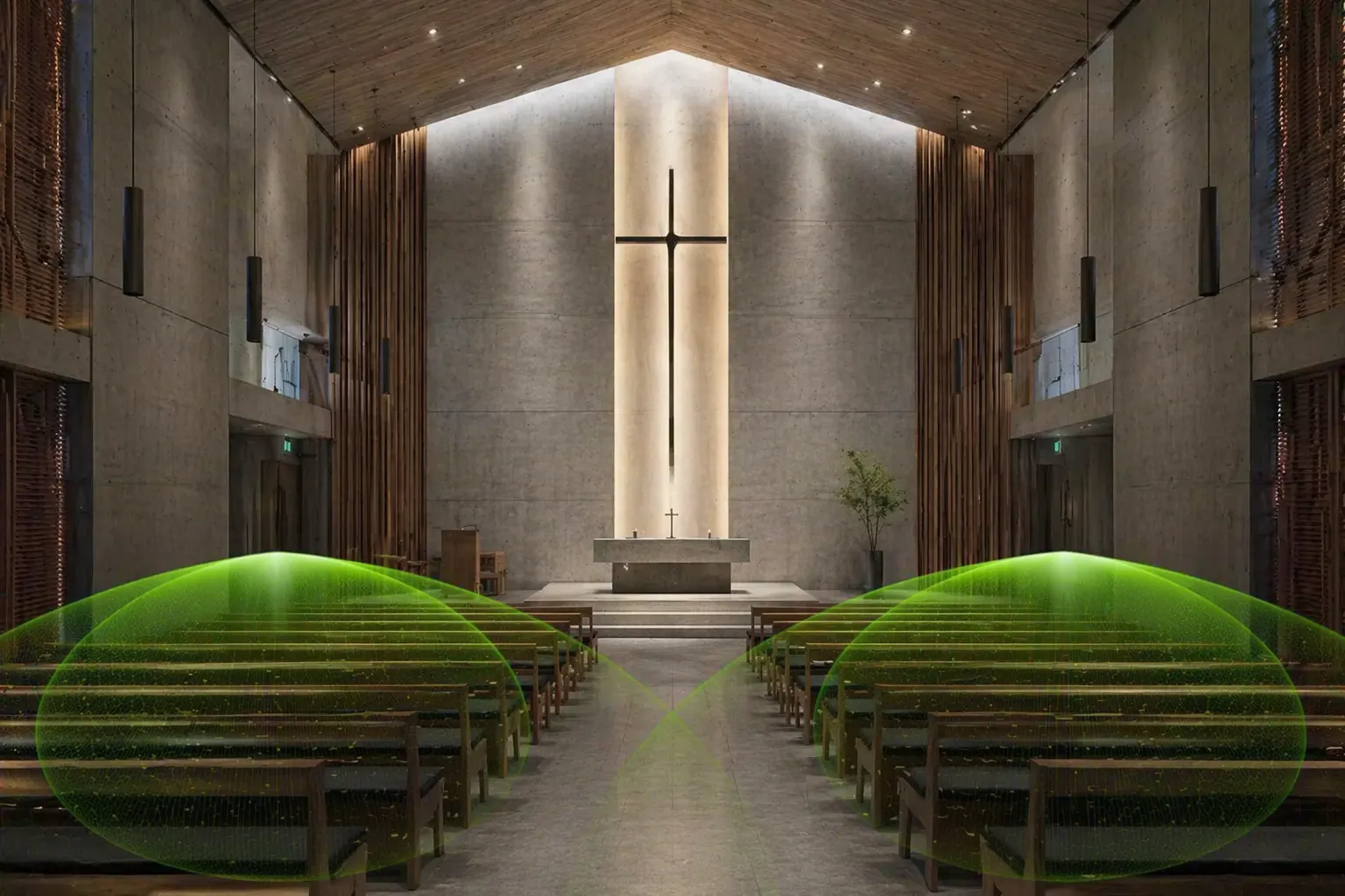 Moderne Kirche mit professioneller Beschallungsanlage – Promedia installiert DSP-gestützte Kirchenbeschallung mit präziser Schallkeule für maximale Sprachverständlichkeit in jedem Sitzplatz.