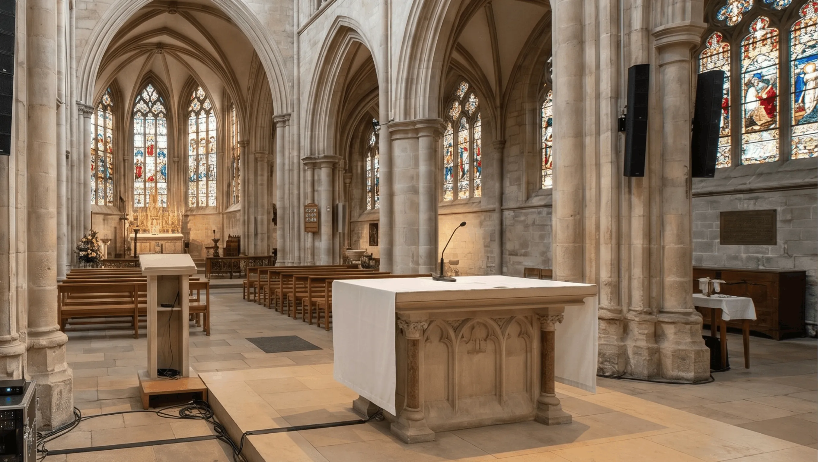 Gotische Kirche mit Steingewölbe, Holzbänken und Buntglasfenstern – Promedia plant und installiert professionelle Kirchenbeschallung mit STIPA-Einmessung für optimale Sprachverständlichkeit in denkmalgeschützten Sakralbauten.