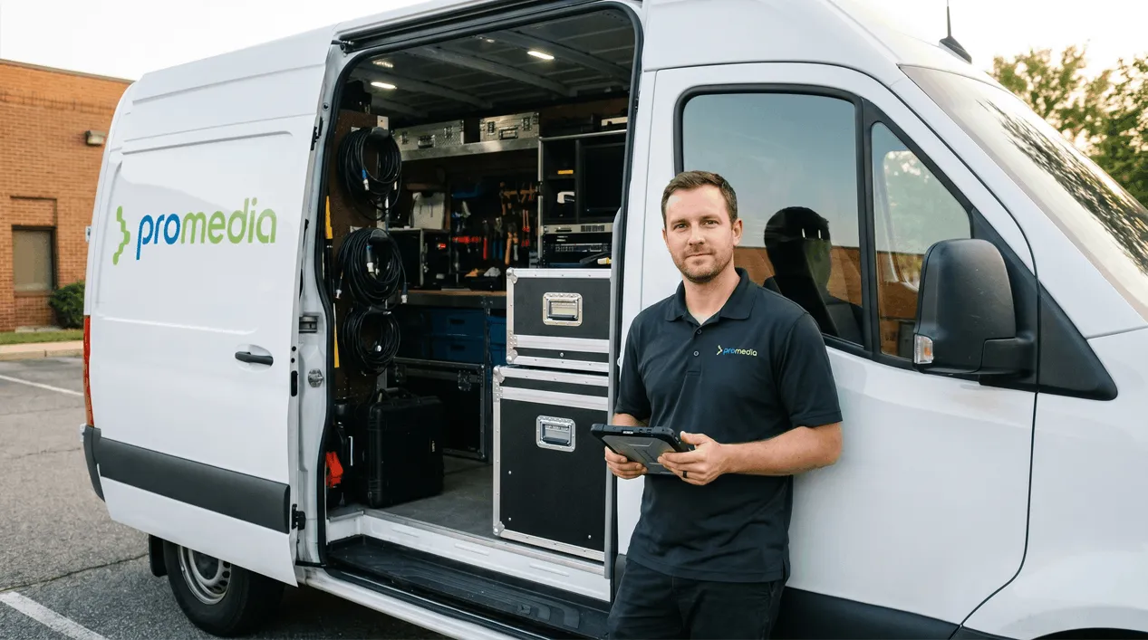 Promedia-Techniker mit Tablet beim Aufbau von AV- und Konferenzraumtechnik – professionelle Installation und Inbetriebnahme für Unternehmen im DACH-Raum.