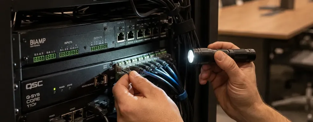 Wartung der Netzwerktechnik im Konferenzraum — Verkabelung von Audio- und Netzwerk-Equipment im Serverrack.