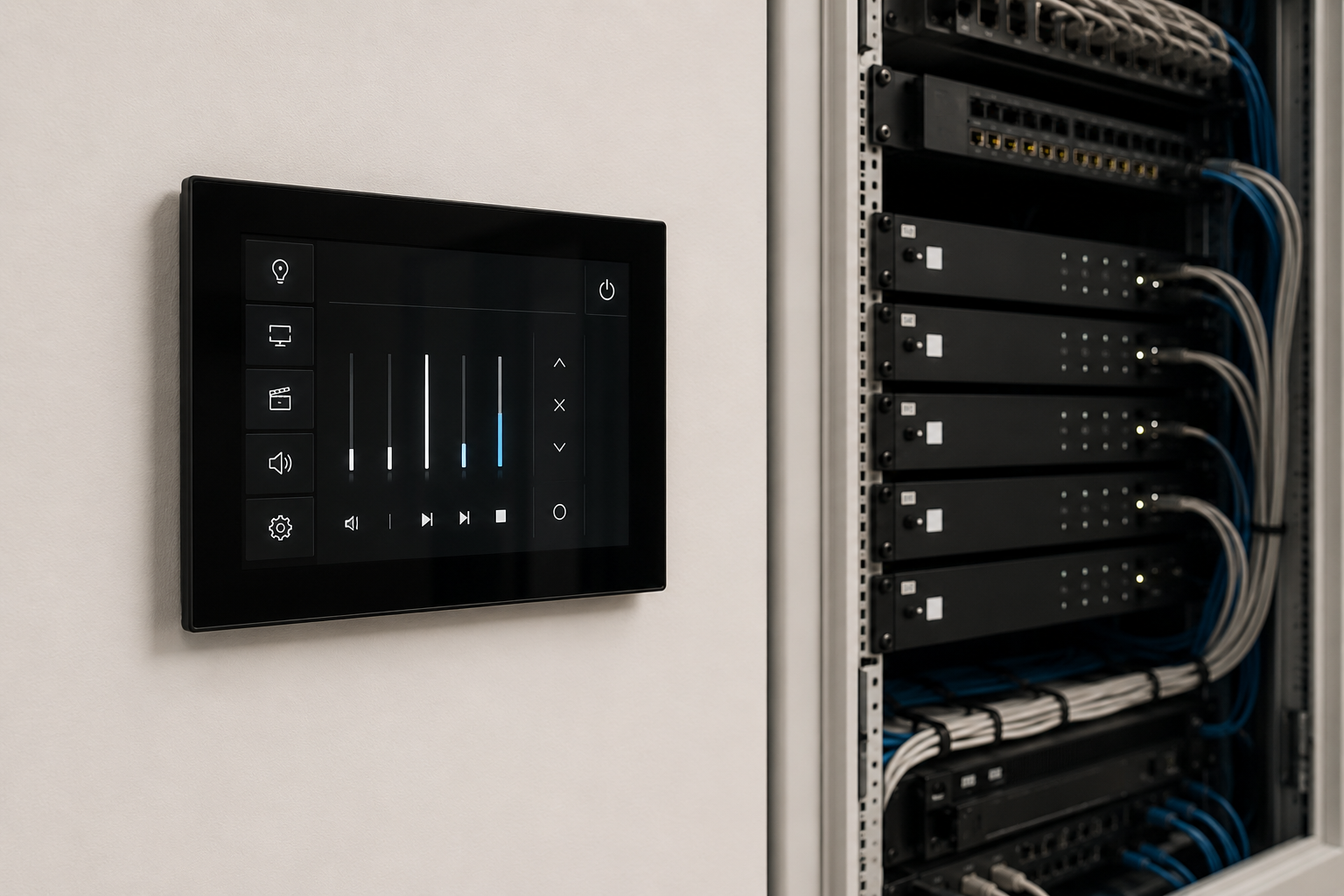 Touchpanel zur Audiosteuerung neben dem Technikschrank