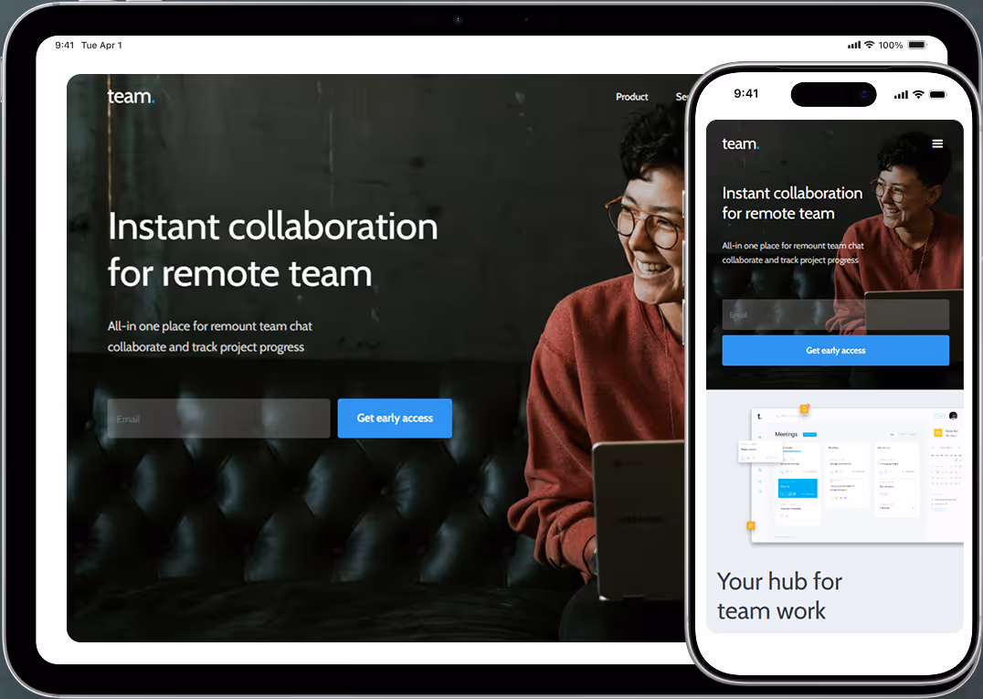 Tablet and smartphone displaying a team collaboration app with a smiling person in a red shirt and text about instant remote team collaboration.