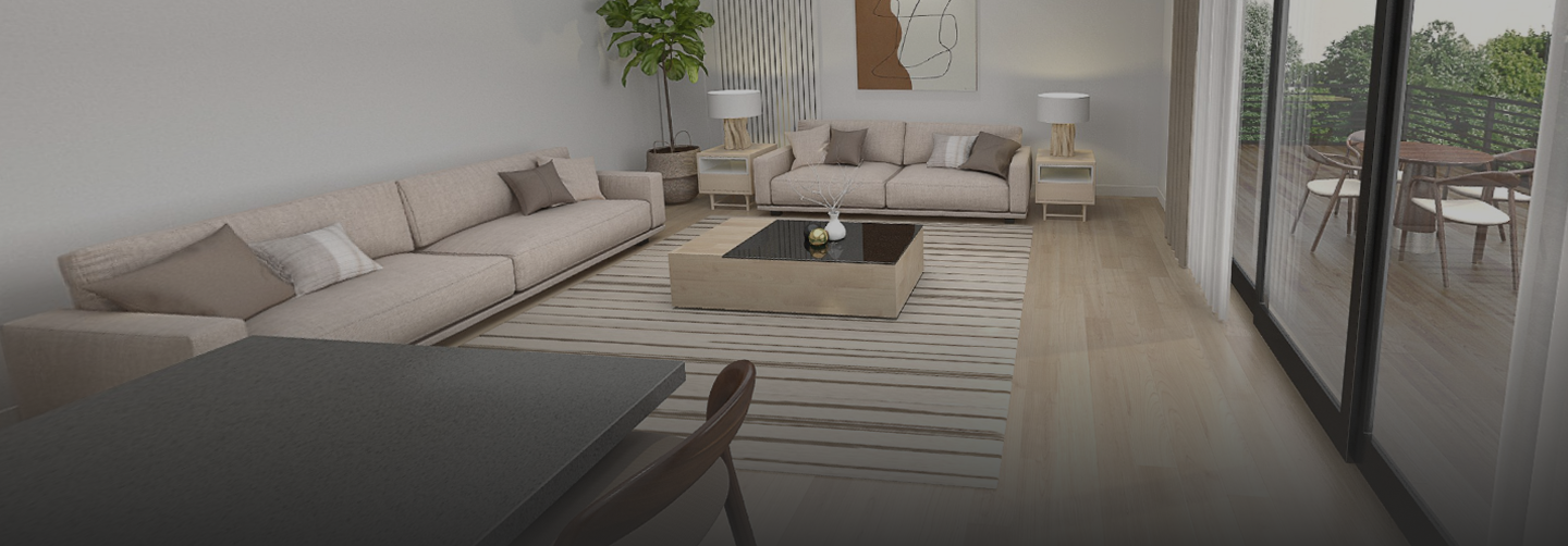 Modern living room with two beige sofas, a wooden coffee table on a striped rug, floor lamp, abstract wall art, and large glass sliding doors leading to an outdoor patio with chairs and a table.