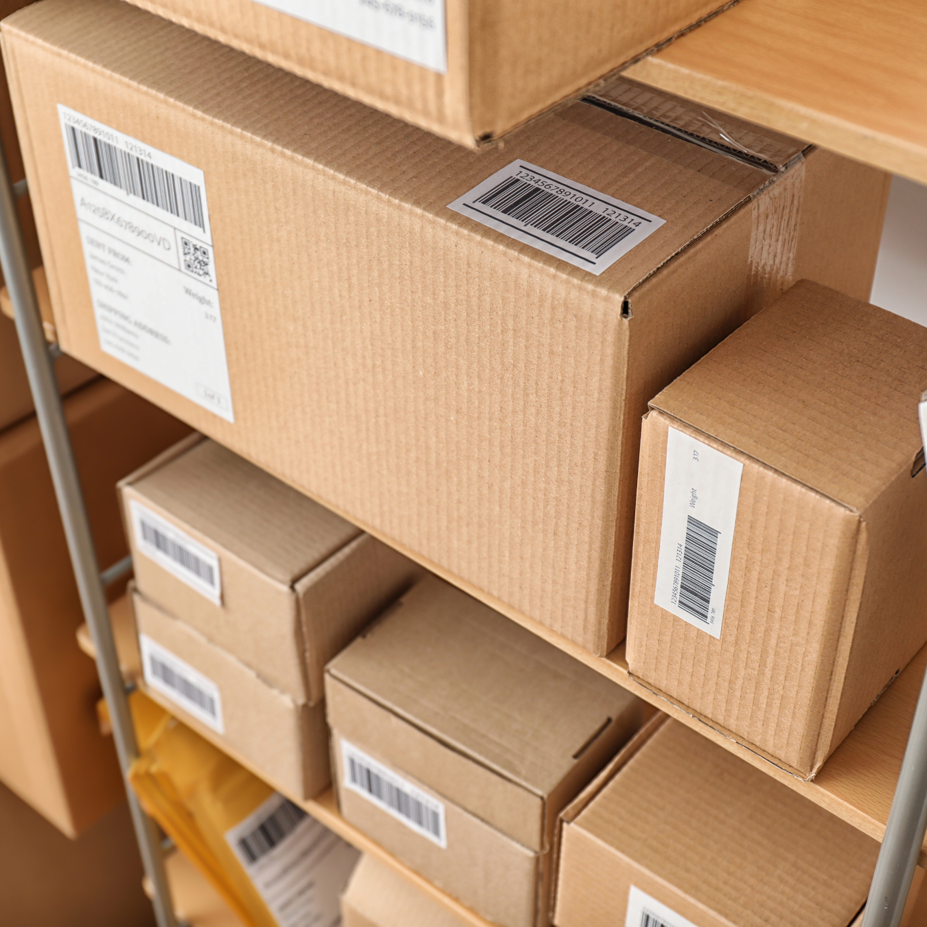Shelves filled with various sized cardboard boxes labeled with barcodes and shipping labels.