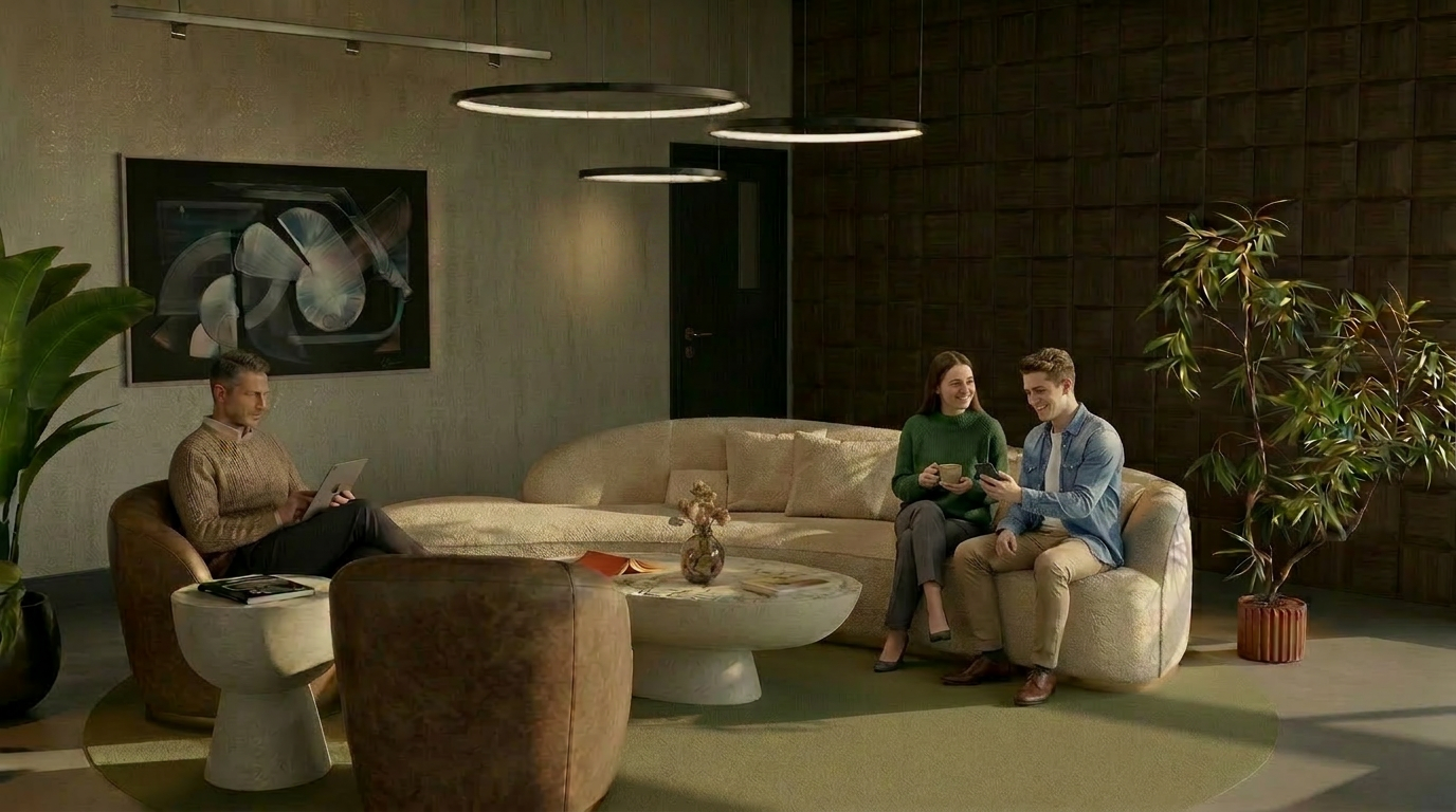 Modern lounge area with curved beige sofa, two brown leather chairs, oval coffee table, green plants, and abstract wall art.
