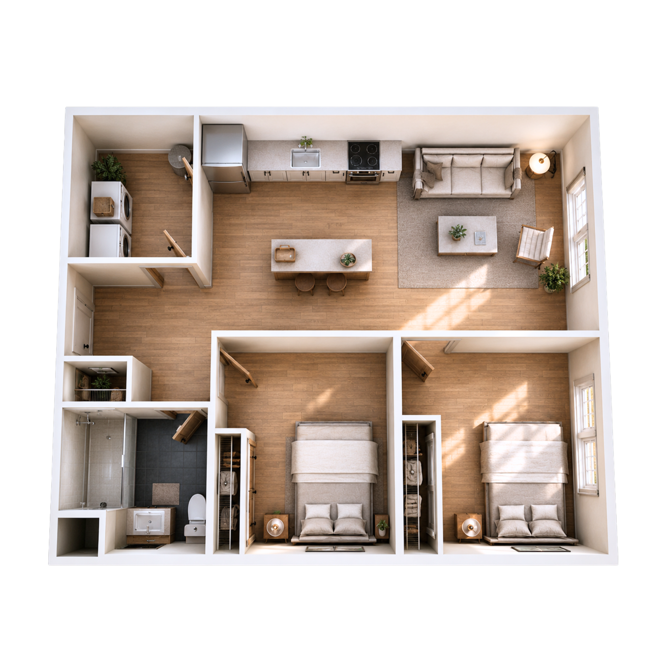 Top-down view of a two-bedroom apartment with an open kitchen and living area, bathroom, and laundry room.