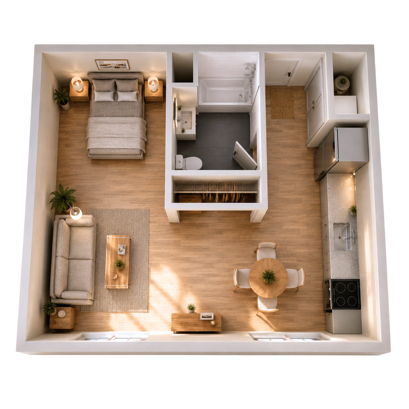 Top-down view of a studio apartment layout featuring a bedroom area with a bed and nightstands, a bathroom with a bathtub, toilet, and sink, a living room with a sofa and coffee table, a kitchen with appliances, and a dining area with a round table and four chairs.